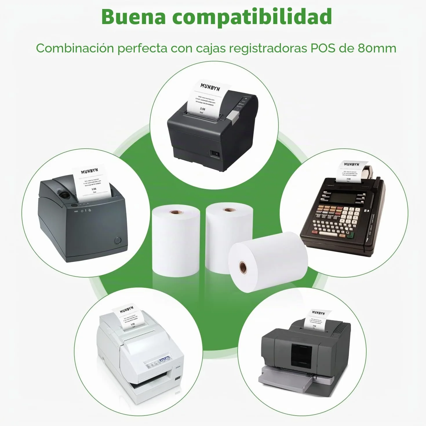 MUNBYN Rollos Papel Térmico 80 mm x 80 mm x 80 m, Rollo Termico de primera para Epson, NetumScan, impresora de recibos de 80 mm y registro POS cuadrado, libre de BPA y certificado FSC [10 Rollos]