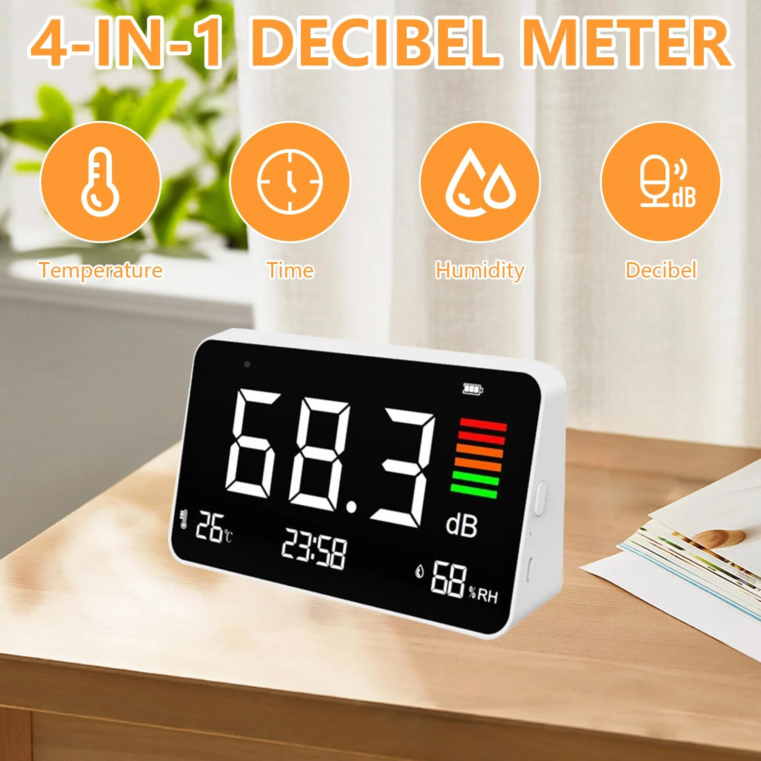 Sonometro, Medidor de Decibelios con Pantalla LCD, Reloj Detección de Temperatura y Medidor de Humedad, Medidor de Nivel de Sonido Digital de 30 a 130 dB para Casa, Escuela, Hospital