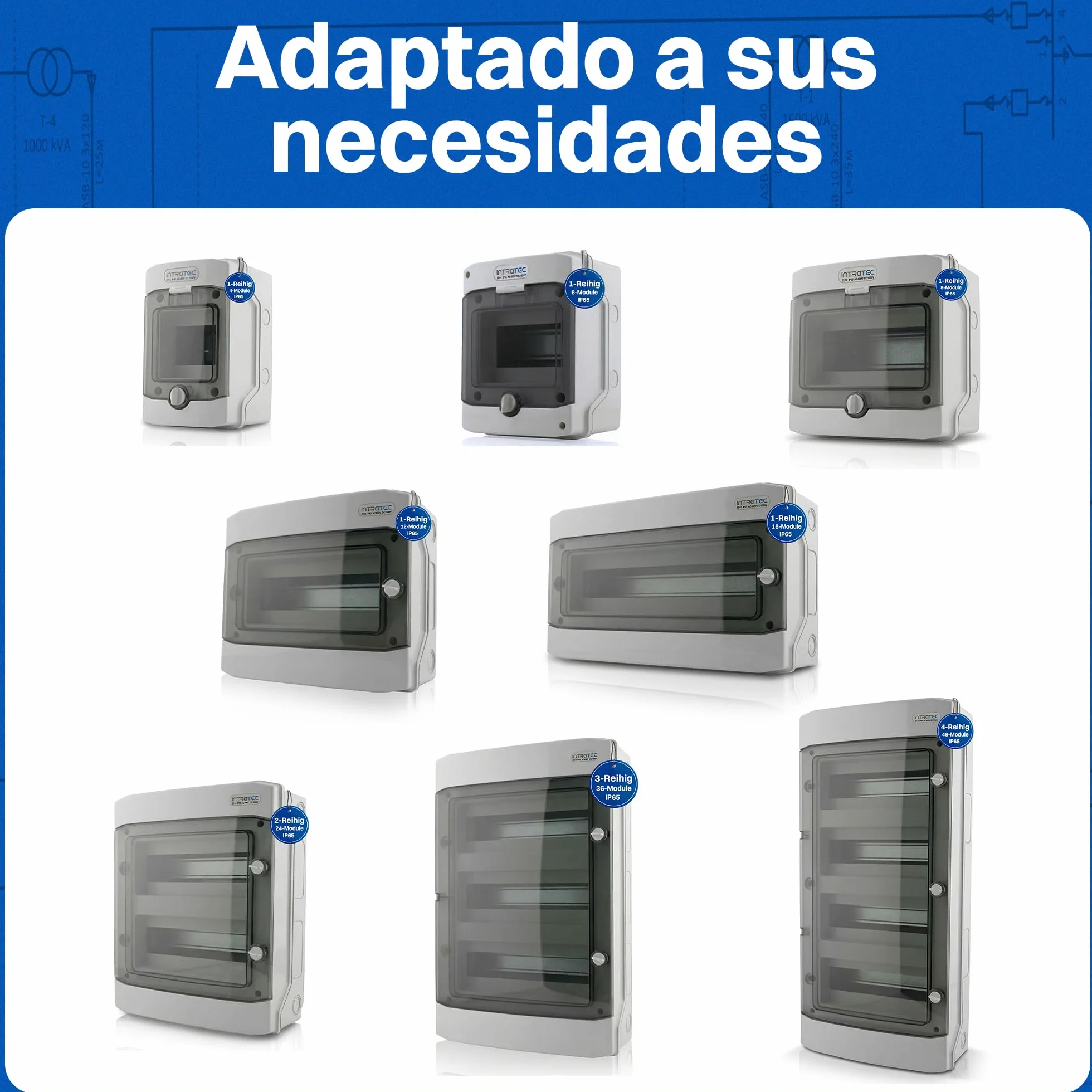 Intratec Caja de Distribución Superficie 2 Fila IP65 – Cuadro Eléctrico para 24 Módulos DIN – Caja de Subdistribución Estanca para Exterior Garaje Sótano Jardín – 400VAC 1500VDC, 318 x 384 x 144 mm