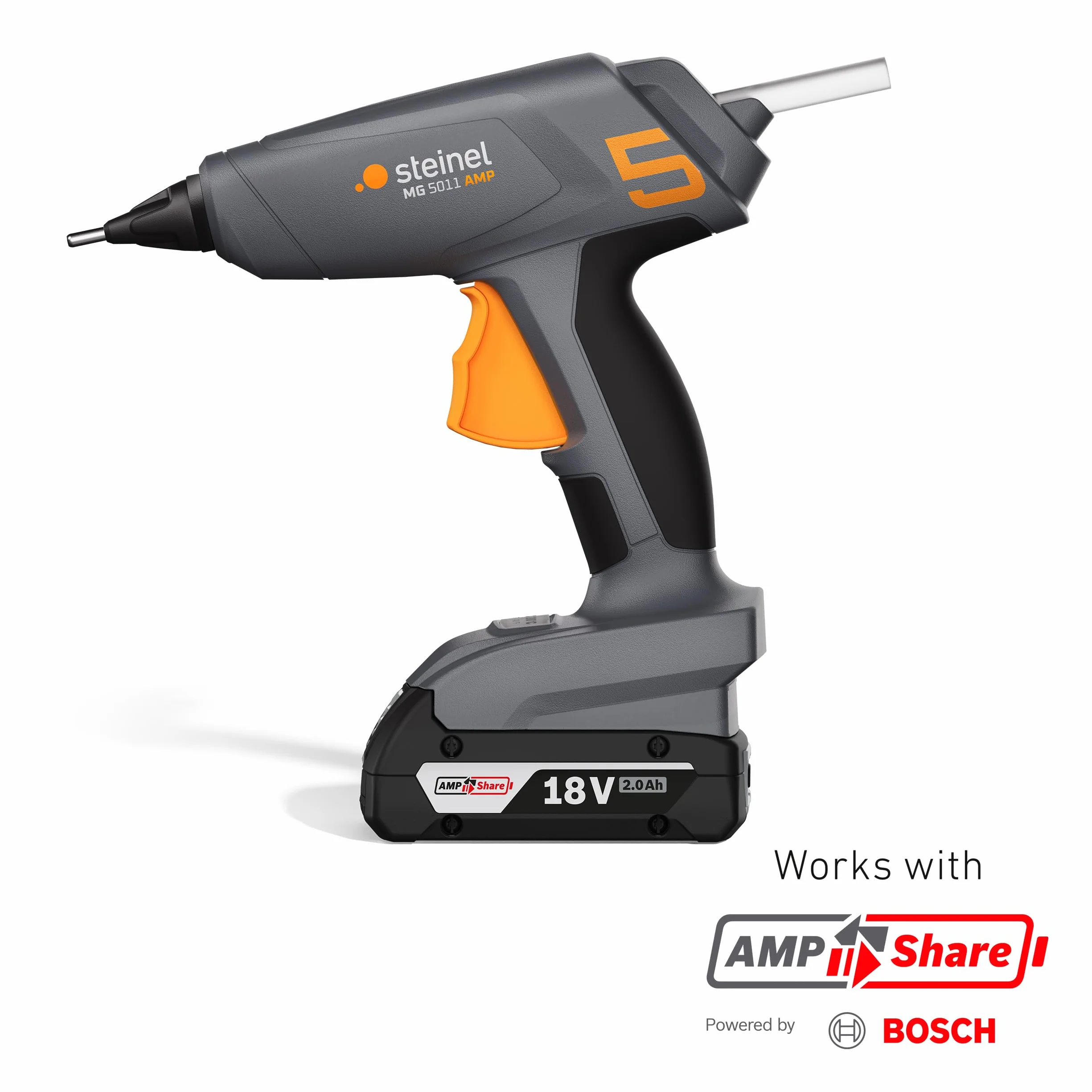 Steinel Pistola de pegamento caliente sin cable MobileGlue 5011 Set incl. batería de 2,0 Ah 18V Bosch AMPShare y barras de pegamento, 130°/200°C