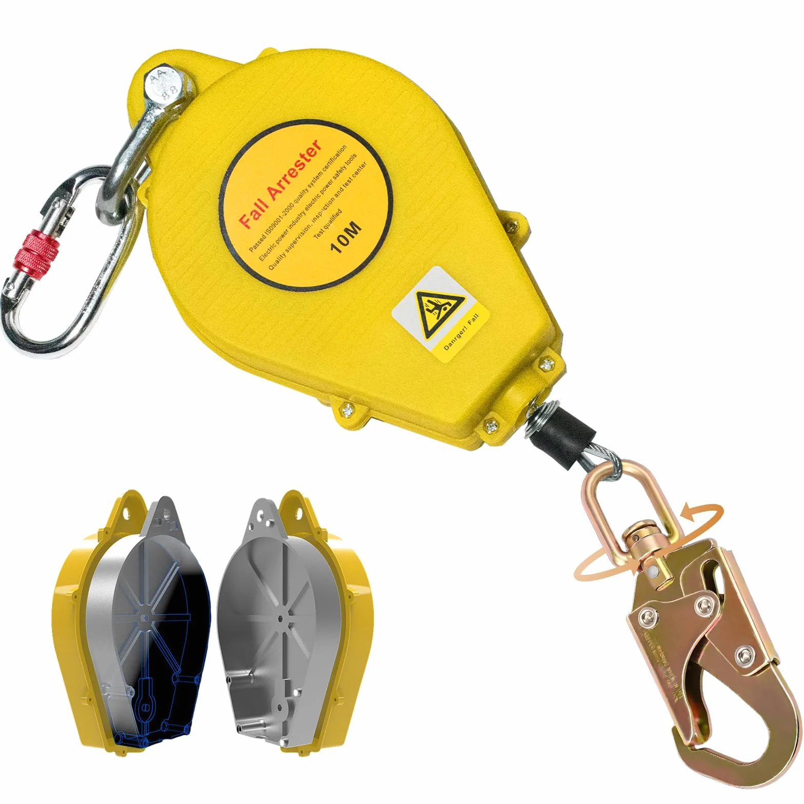 Arnes Linea de Vida Retractil Tejado, 10m Dispositivo Anticaida Retractil Homologado, 150kg Arnes Seguridad Anticaidas Retractil para Trabajo Altura y Tejado con Gancho Giratorio(Amarillo,10m)