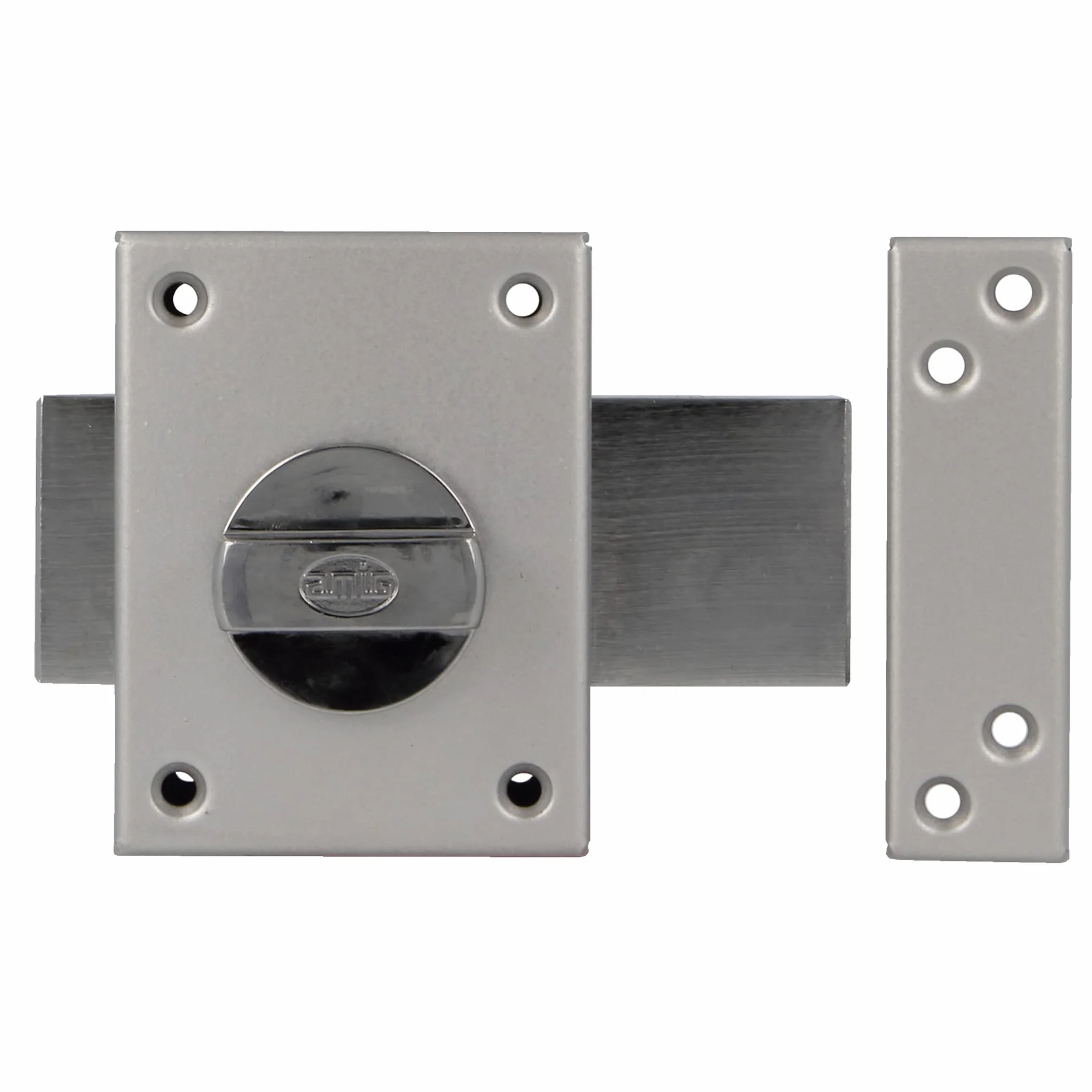 Amig - Cerradura de Sobreponer con Palanca de Cierre y Muletilla Interior para Puertas de Madera Mod. 85-85 x 65 mm - Pestillo Con Cilindro Redondo de Seguridad - Acero Esmaltado Plata