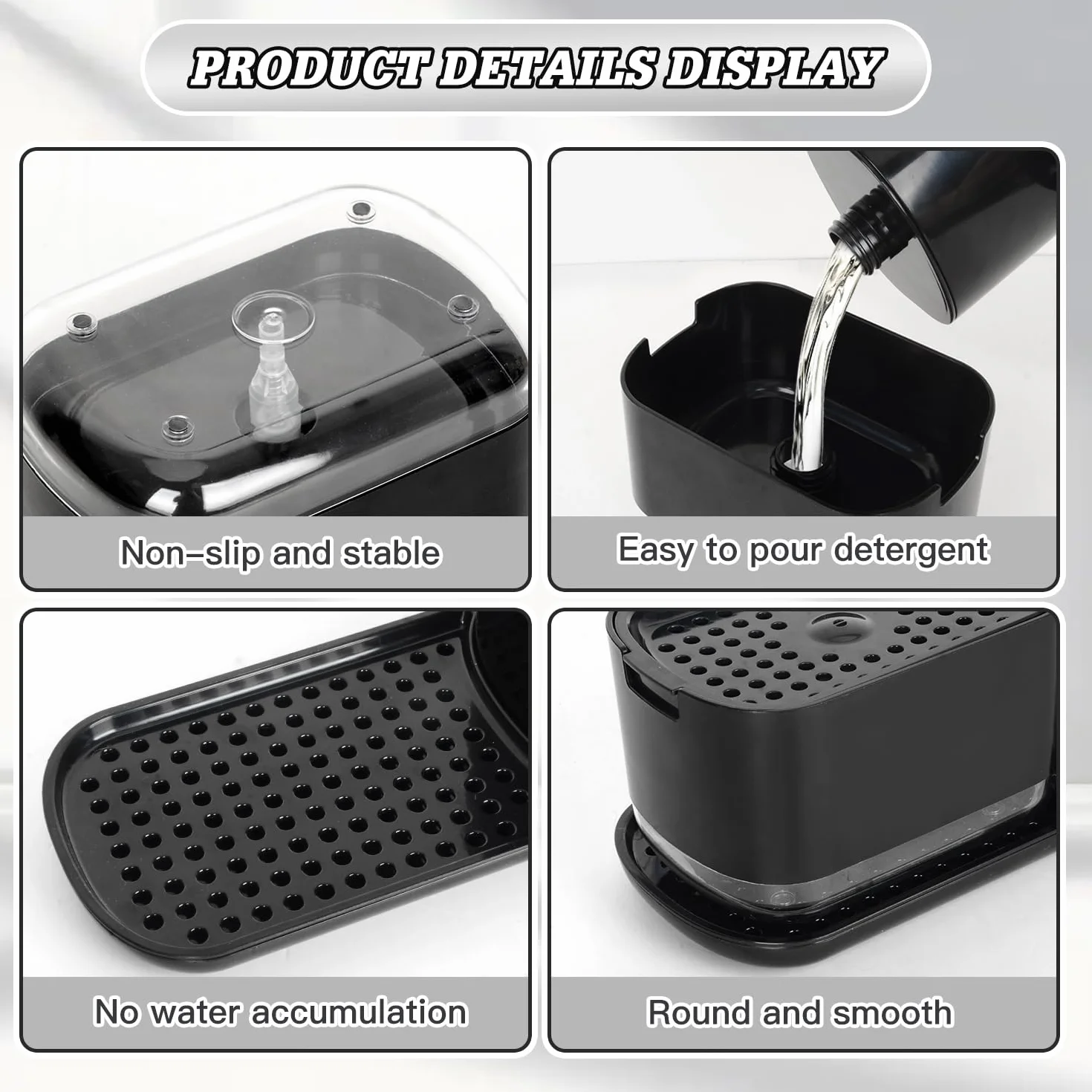 Dosificador Jabón Cocina Negro con Trapo, Cepillos y Esponja, Organizador Fregadero Detergente Recargable