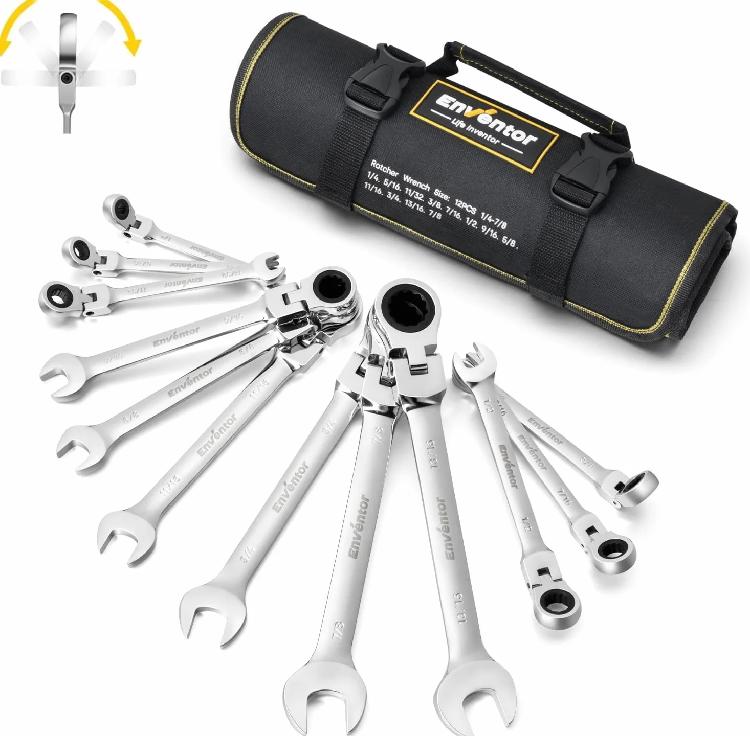 Enventor Juego de Llaves Combinadas de 12 Piezas, Juego de Llaves Combinadas con Carraca SAE 1/4"-7/8", Acero Cromo Vanadio, 72 Dientes, Cabezal Giratorio de 180°, Arco de Giro de 5°, Bolsa