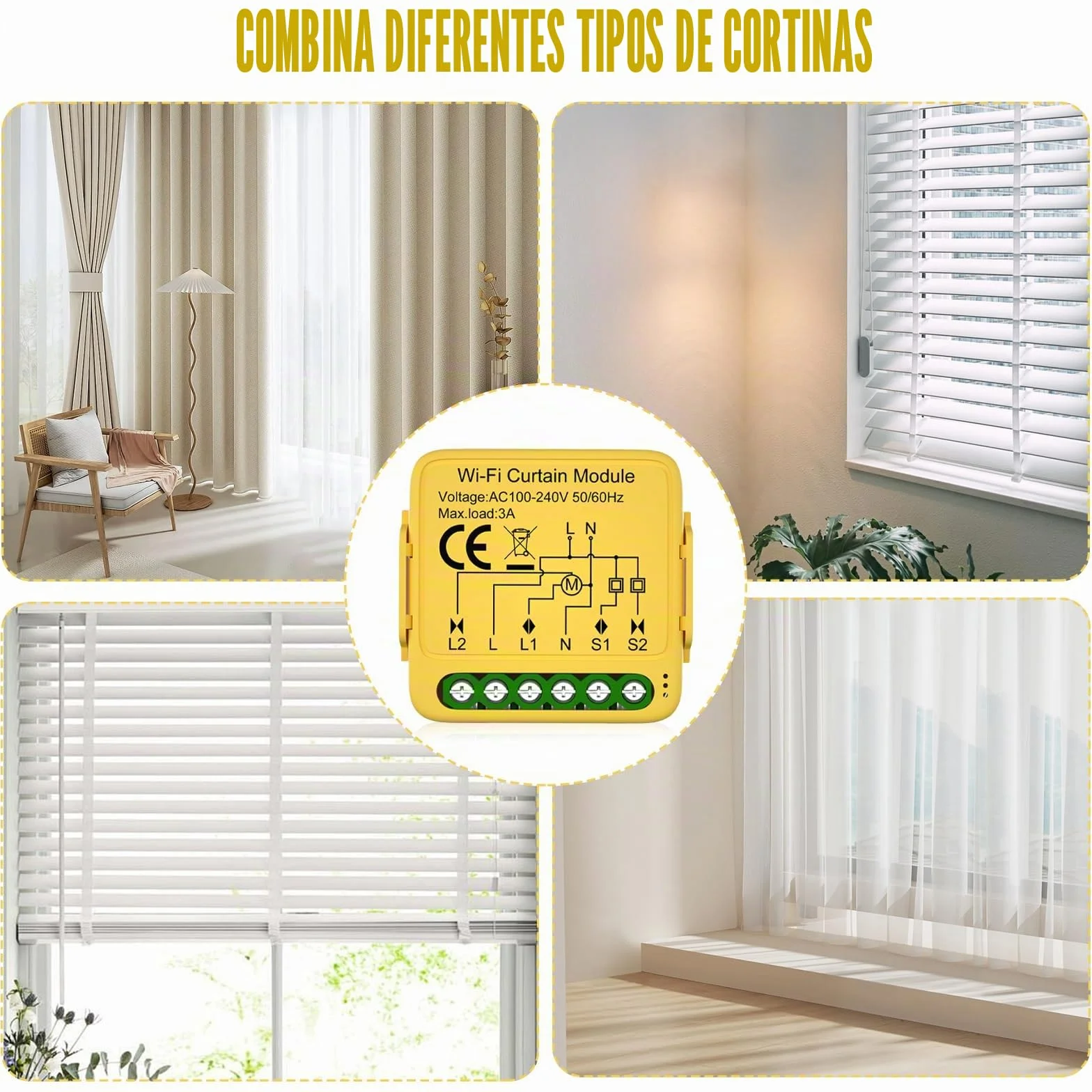 Juego de 4 módulos de interruptores inteligentes WiFi para persianas enrollables con ajuste de tiempo de funcionamiento para cortinas, persianas y toldos, compatible con Google Home/Smart Life/Tuya