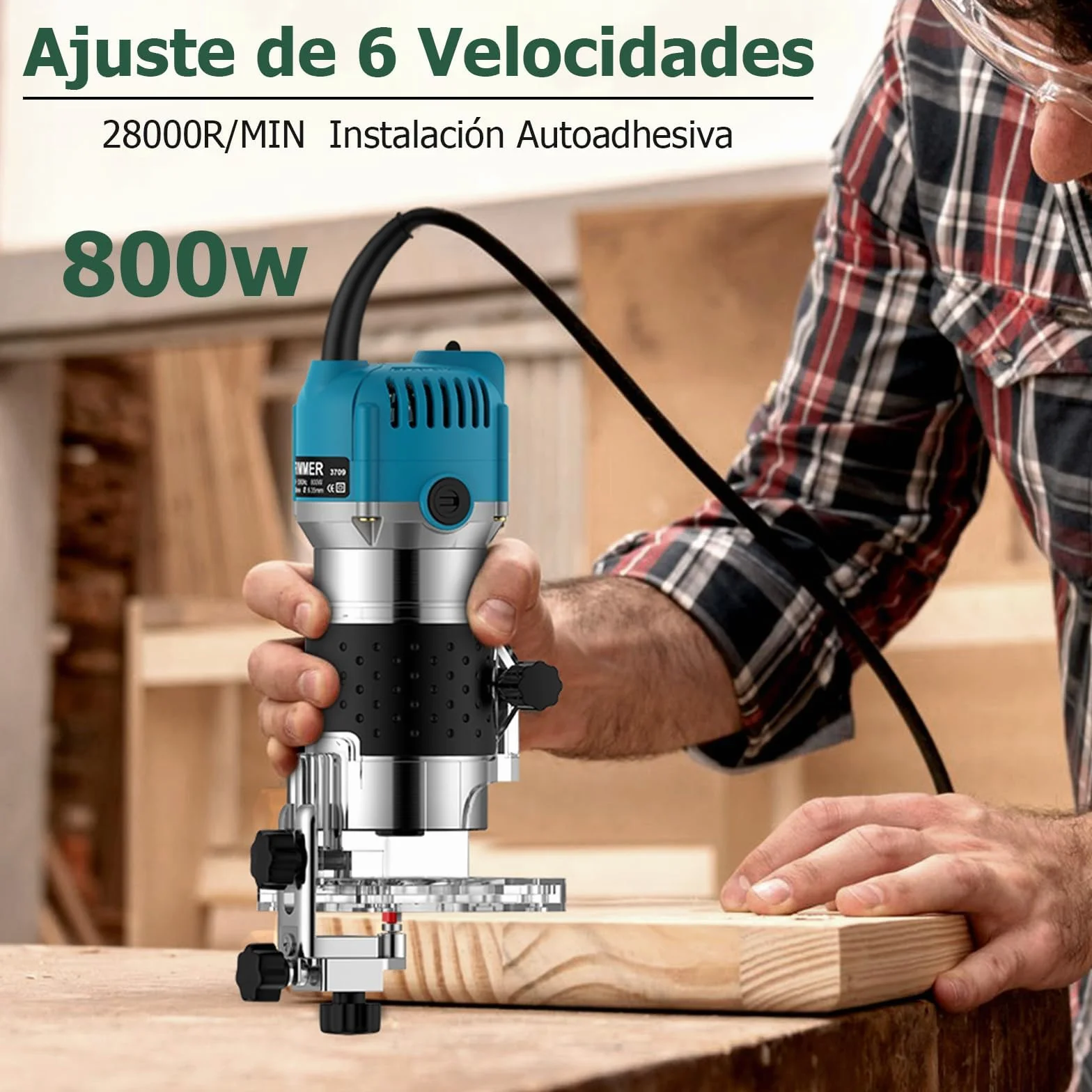 JiGiU 800W Fresadora de Madera Velocidad Variable Rebajadora Eléctrica 6.35mm(1/4 pulgada) 30000r/min con 6 Puntas de Carburo, Cuerpo de Aleación de Aluminio Resistente con 15 Piezas Fresas