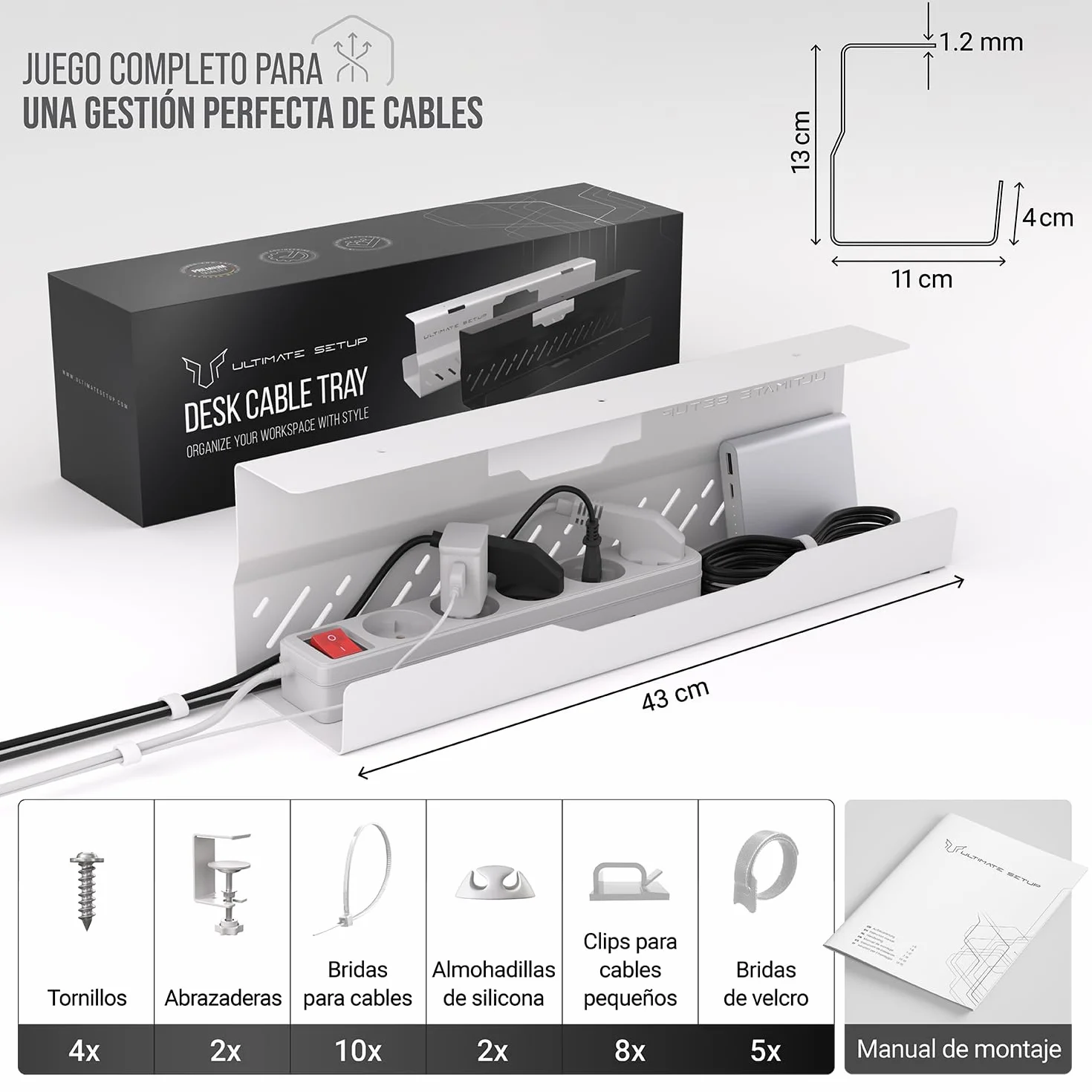 Bandeja de gestión de cables debajo del escritorio sin taladro, gestión de cables de escritorio, organizador de cables, gran capacidad de carga, bandeja de cables debajo del escritorio sin taladro