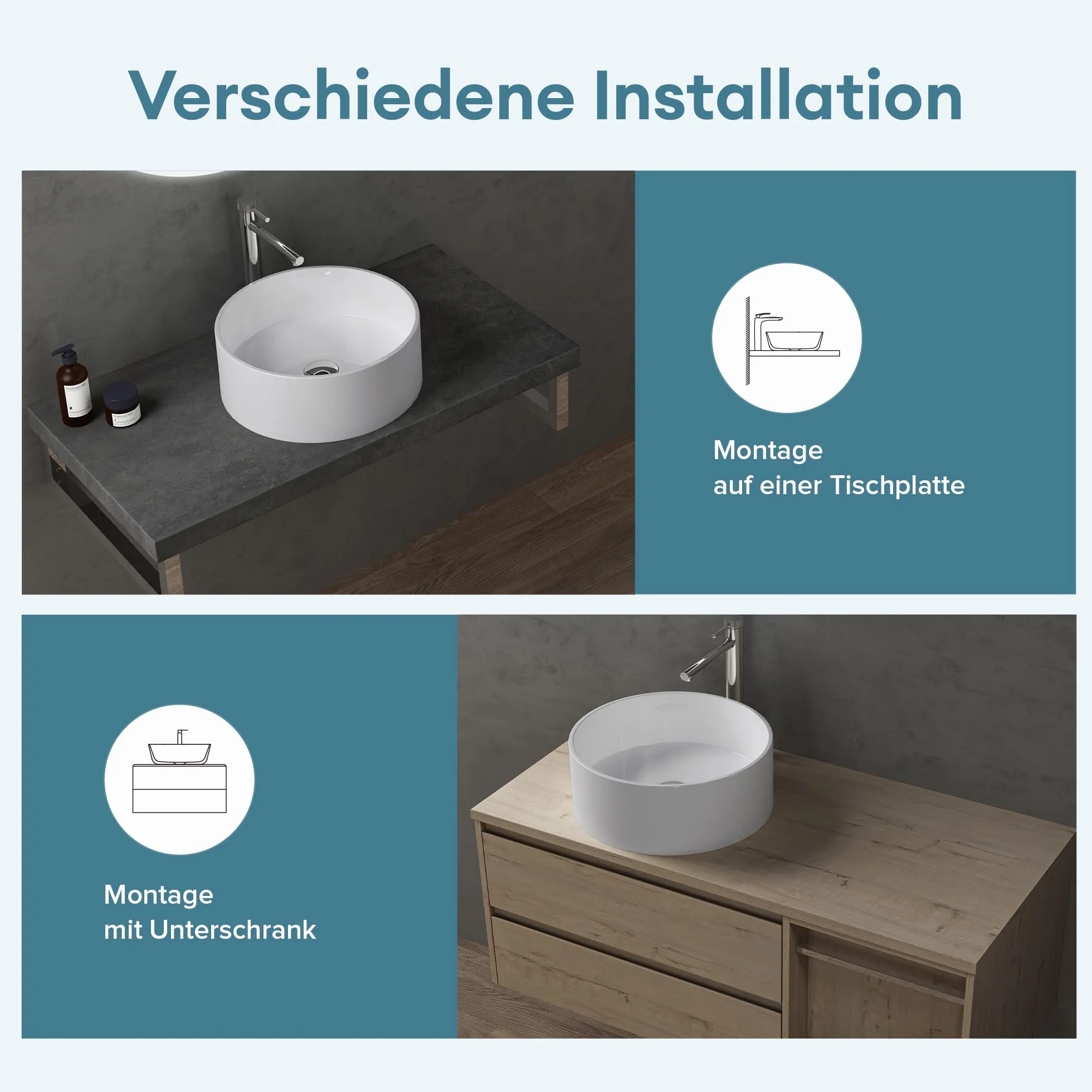 doporro Lavabo sobre encimera redondo Colossum804 blanco brillante 40x40x15cm lavabo de fundición mineral sin orificio para grifería