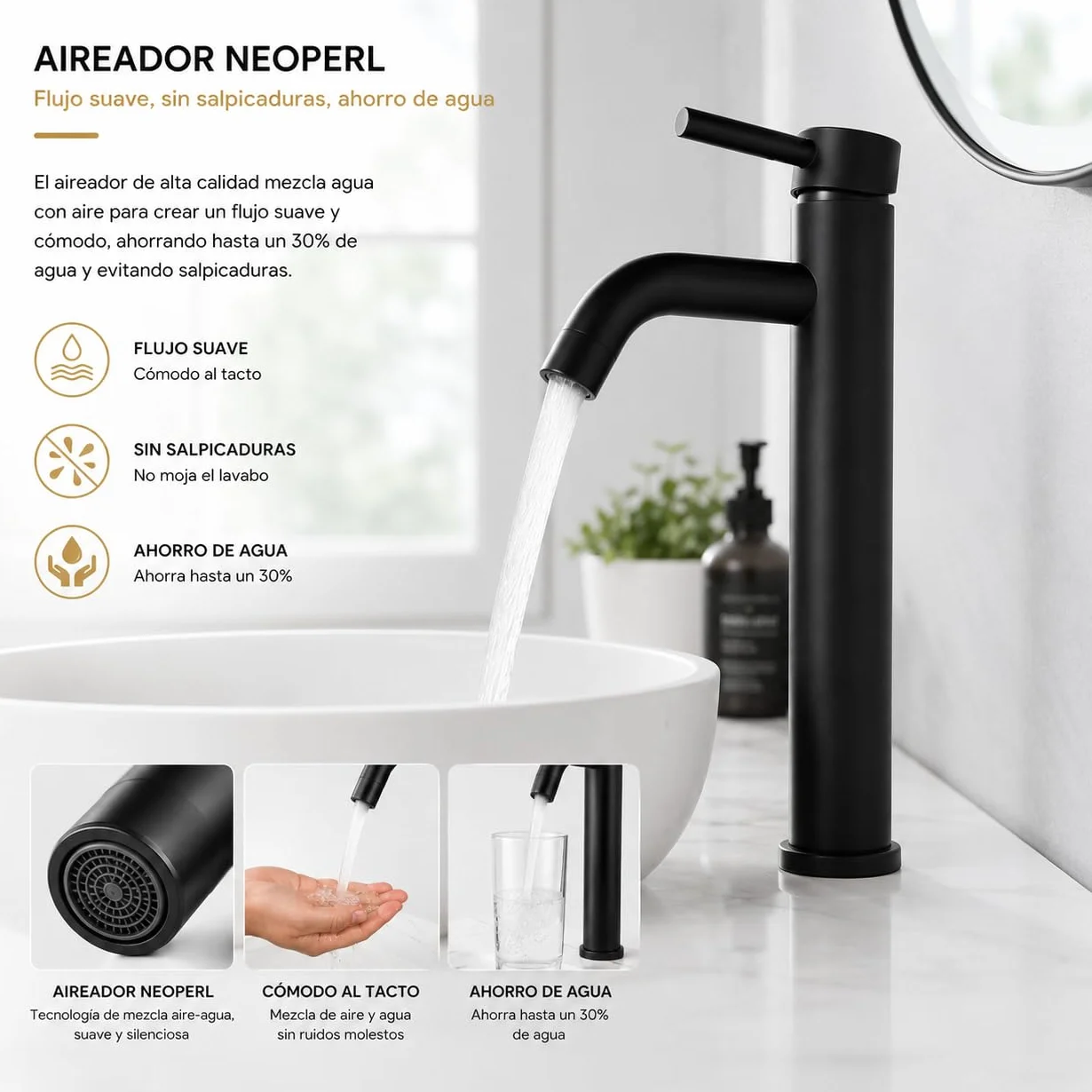 Grifo de Lavabo Alto Monomando para Baño, Acero Inoxidable, Acabado Negro Premium Resistente al Desgaste, Diseño Moderno y Minimalista(ALTO NEGRO)