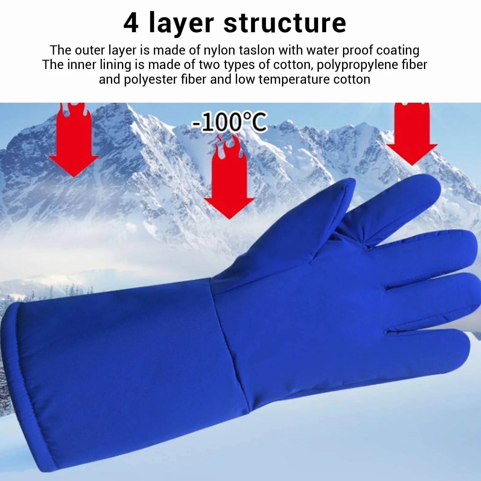 Guantes de nitrógeno líquido LN2 de 4 capas, temperatura extremadamente baja (-260 ℃), guantes anticongelantes de 48 cm para almacenamiento en frío con hielo seco, 2 unidades