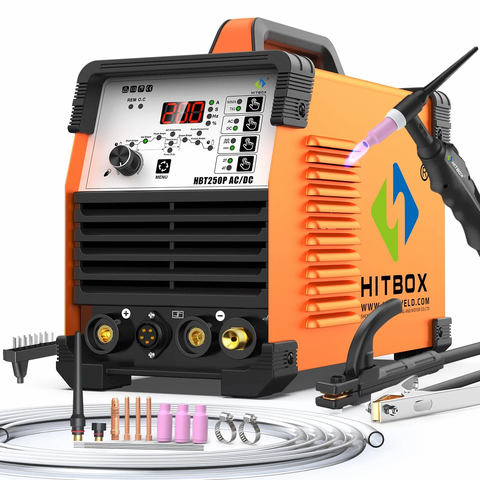 HITBOX Soldadora TIG 6 en 1 AC/DC, 200 A, Función Pulsada, Tecnología Inversor IGBT, Control Digital 2T/4T, Nueva Versión para Aluminio, Acero Inoxidable y Acero (HBT250P AC/DC)