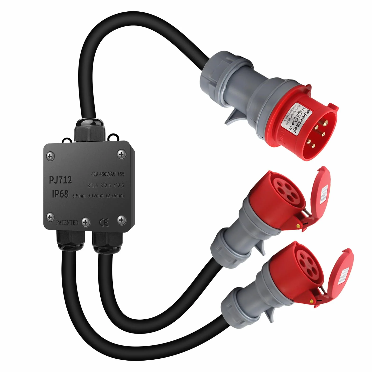 Adaptador CEE de alta tensión de 32 A a 16 A, 2 enchufes CEE de 230 V, 16 A y 5 polos, cable alargador IP44-68, distribuidor alta tensión para camping, exteriores, industria, obras y talleres - 1,5 m