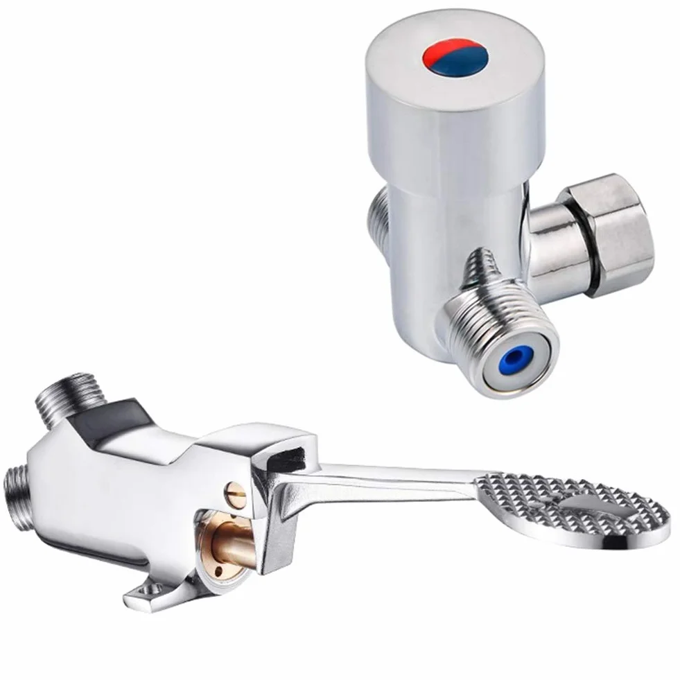 LukLoy Válvula de agua de pedal (frío y caliente) - Cuerpo de latón, tornillo de acero inoxidable, válvula de pistón, 2 puertos