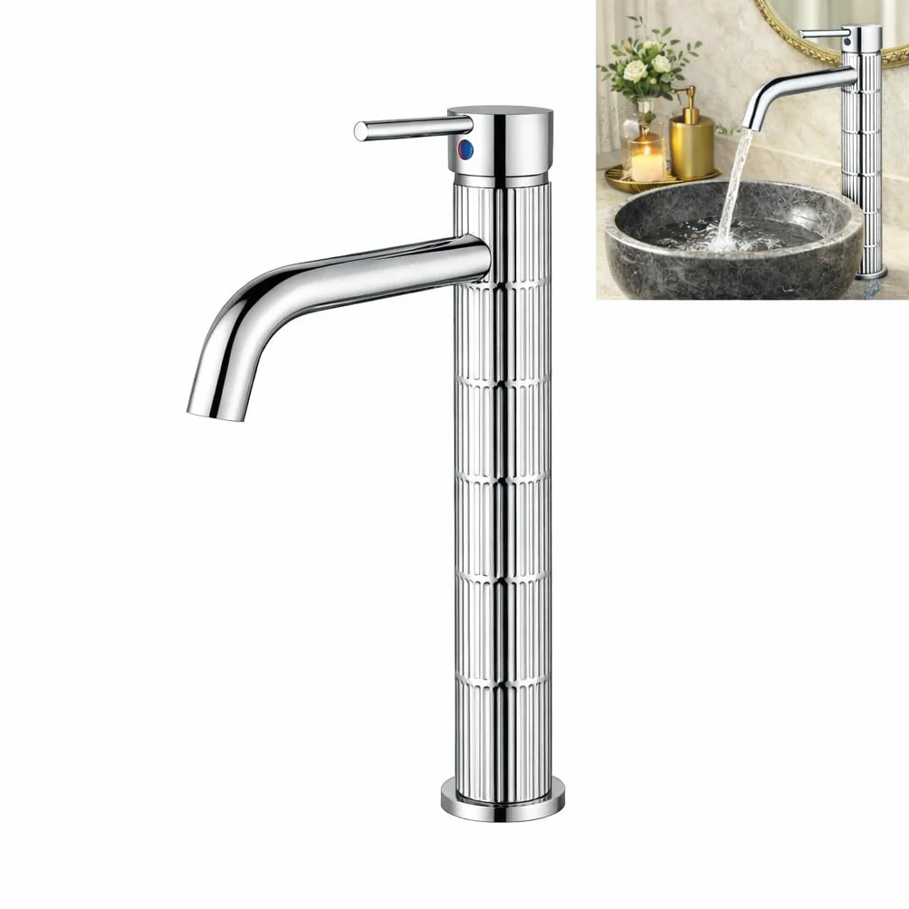 Grifo de lavabo alto monomando con cuerpo de latón, mezclador para lavabo sobre encimera, acabado cromado, cartucho cerámico duradero (Cromado, Alto)