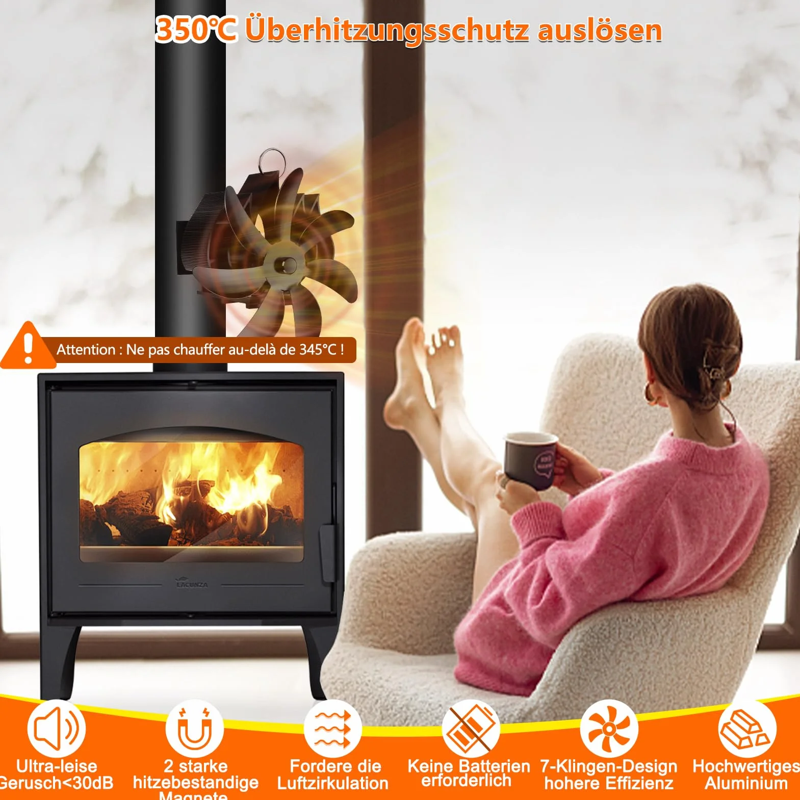 Ventilador Magnético para Estufa de Leña, Ventilador de Chimenea de 7 Aspas, Silencioso y de Bajo Consumo, ventilador de tubería con termómetro
