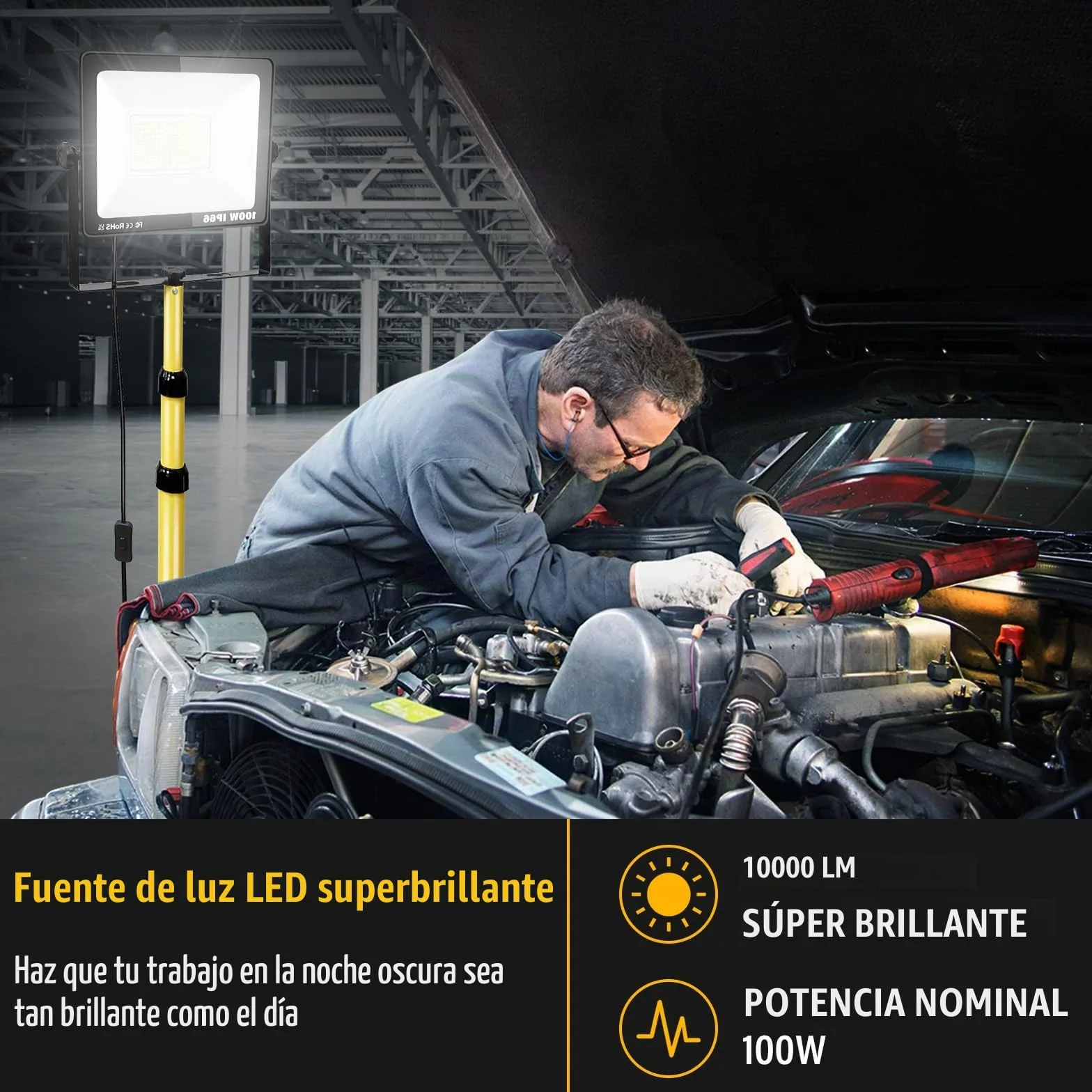 RIGIDON 100W 10000lm foco led trípode telescópico, luz de trabajo portátil | cable de 5 metros, altura ajustable de 102 a 193 cm, proyector led, para taller mecanico obra de construcción garaje jardín