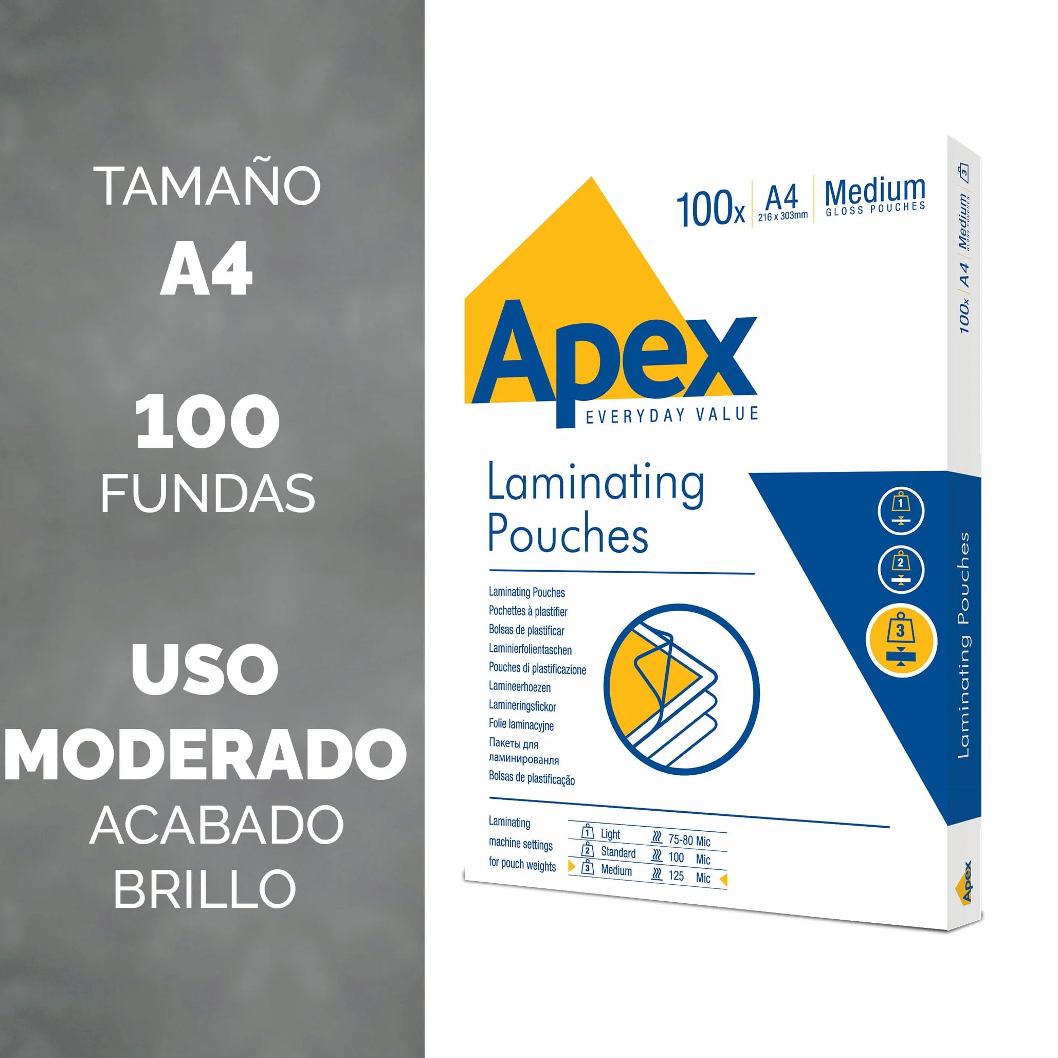 Fellowes Apex Fundas de Plastificar A4 125 Micras Brillo Pack 100