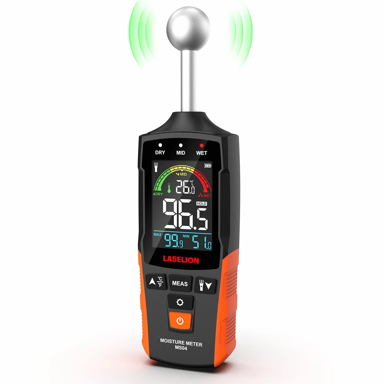 LASELION Medidor de Humedad No Destructivo - Sensor Esférico 5-40mm, Temperatura en Tiempo Real (°C/°F), Detecta Humedad Oculta en Madera/Paredes/Obra, Alarmas Personalizables - MS04