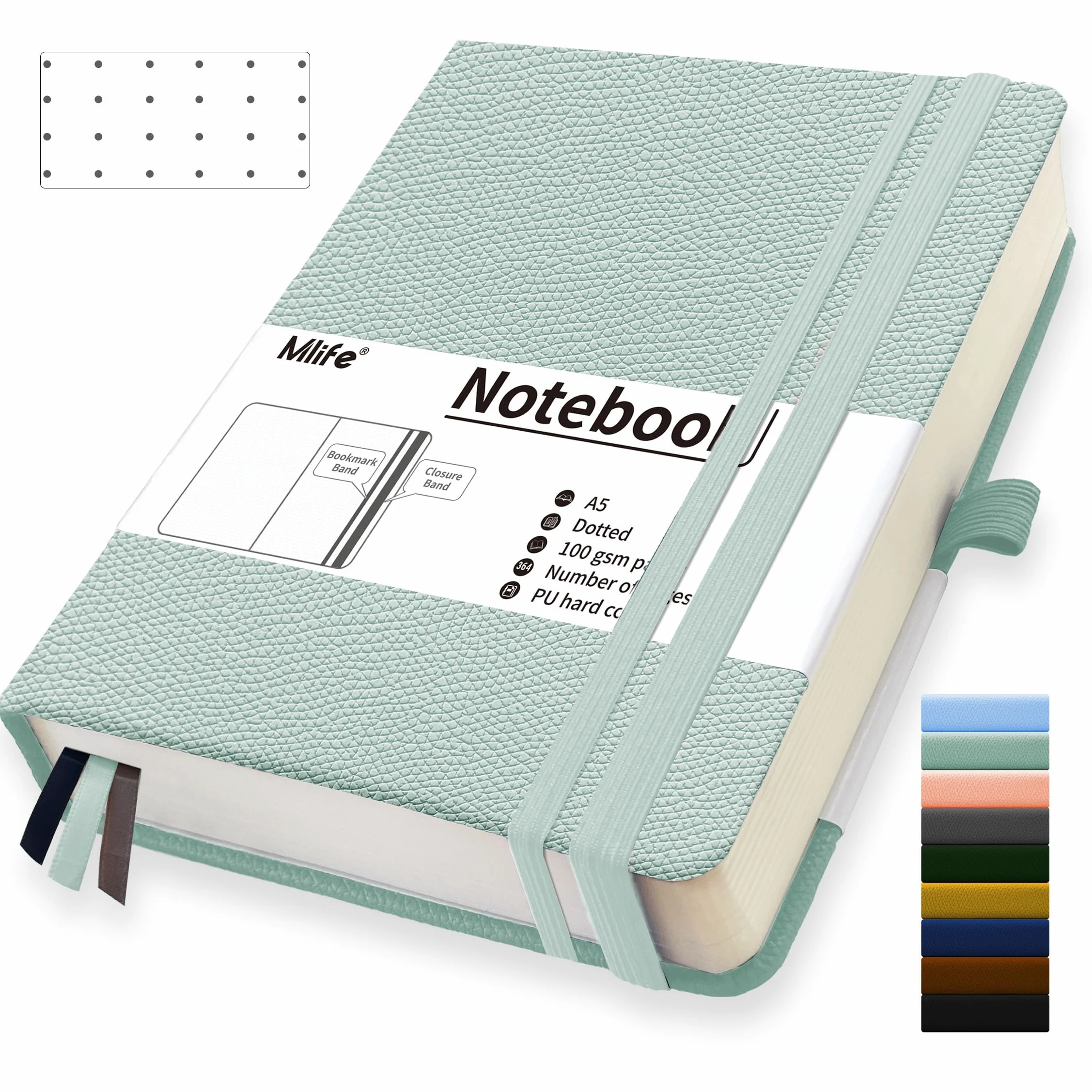 Mlife Cuaderno Punteado A5 360 Páginas 100 G/M² Papel Resistente a la Tinta Bolsillo Plegable Verde Orquídea