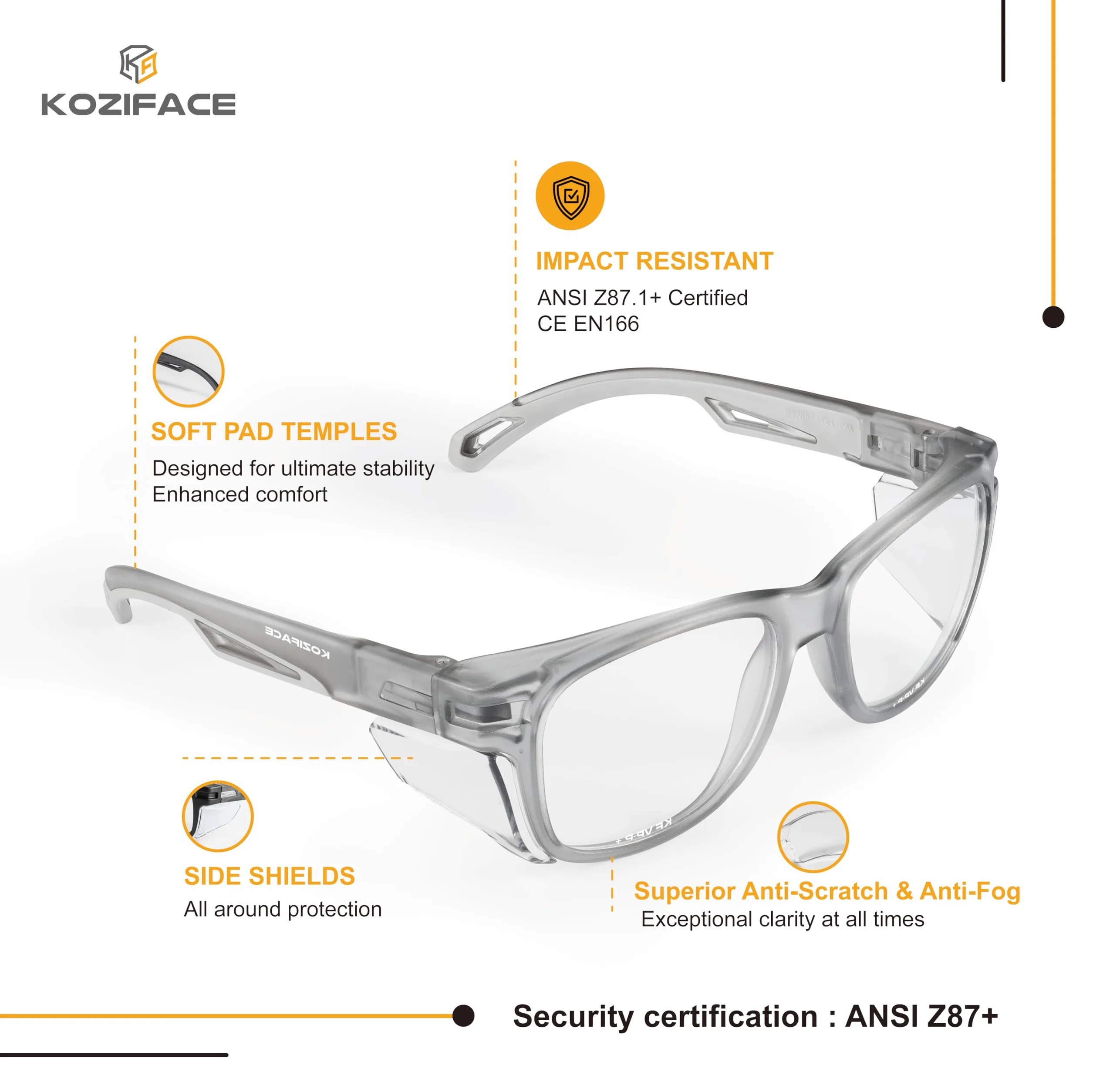 Koziface E52G - Gafas de seguridad para hombres y mujeres, elegantes gafas protectoras de trabajo con luz negra, antivaho con protectores laterales, lentes transparentes, agarre antideslizante