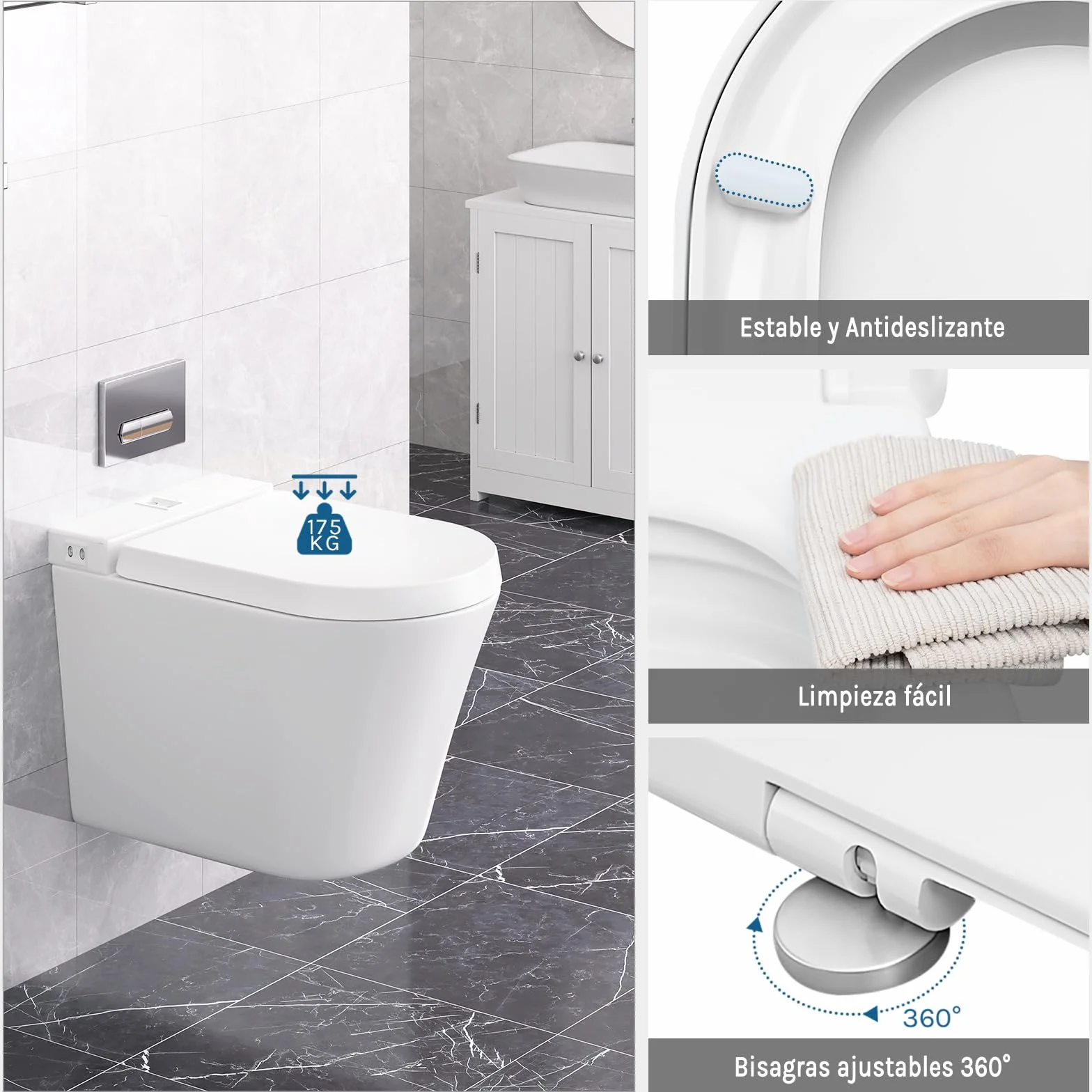 WOLTU Tapa de WC Asiento Inodoro Bisagra de Cierre Suave Instalar Rápida/Demontar Rápida, Plastico Blanco Forma de D