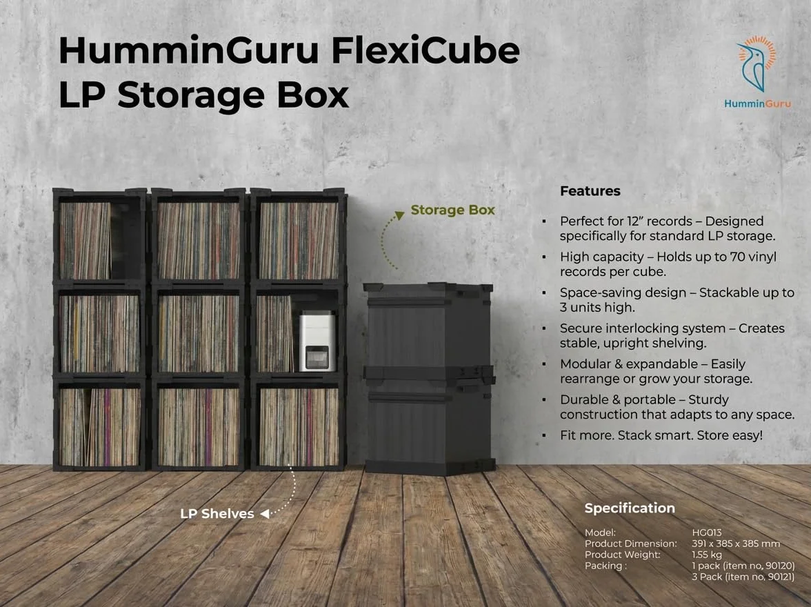 HumminGuru FlexiCube Caja para Guardar Discos de Vinilo Organizador Apilable 12 Pulgadas 70 LP Estante Modular Plegable (3 cubos)