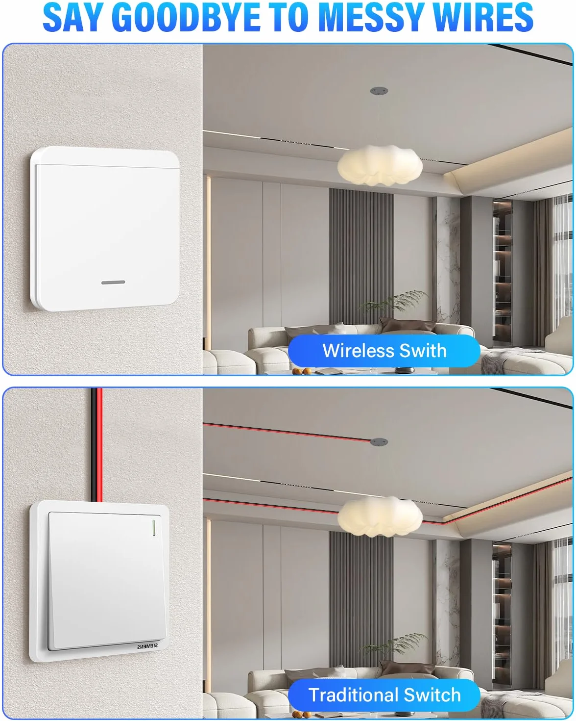 Interruptor inalambrico, 433Mhz 220V wireless light switch, interruptor con mando a distancia alcance de 30 metros,para lámparas de hasta 1500W (2 interruptor + 1 transmisor)