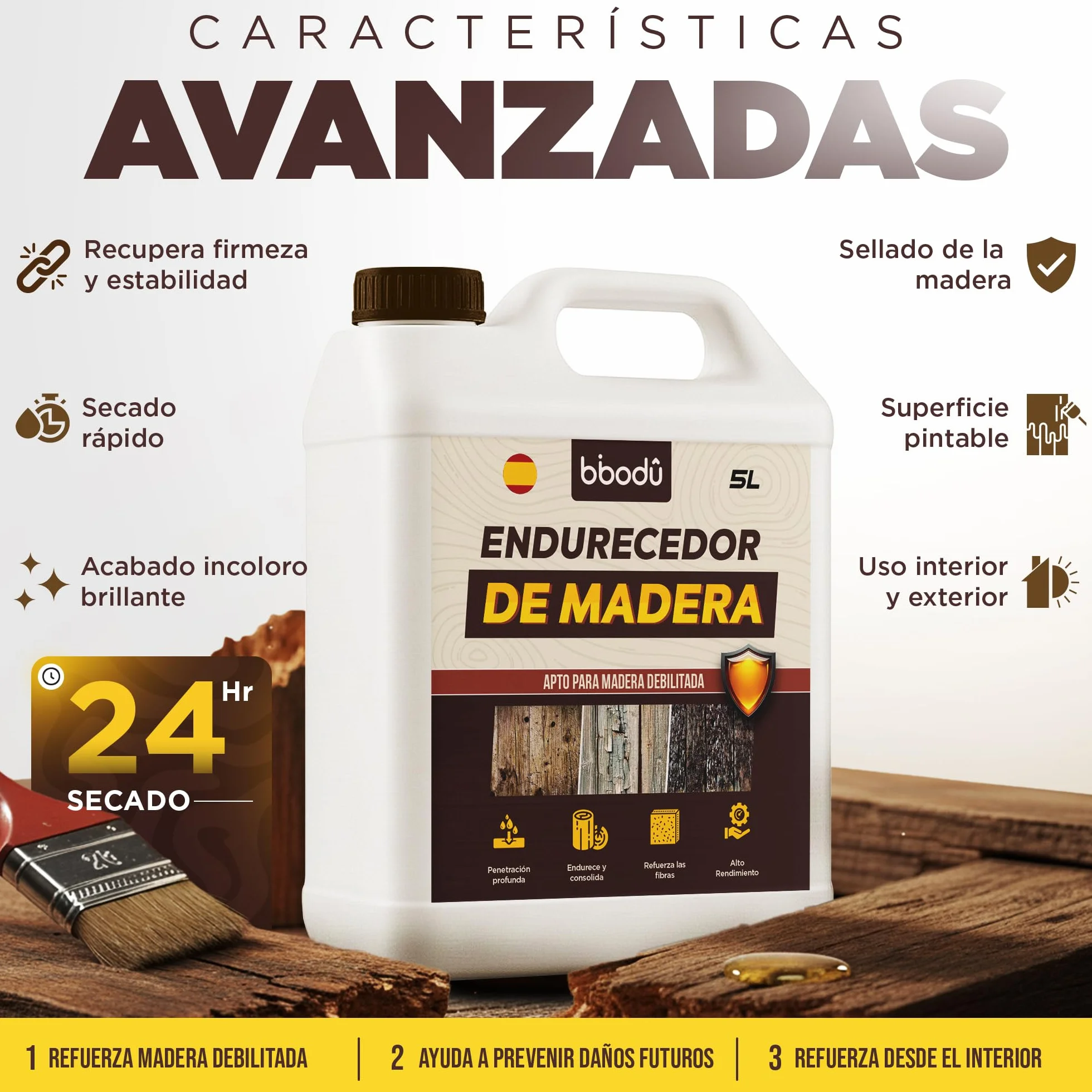 Endurecedor de Madera 5L de Alta Penetración | Consolida & Refuerza Madera Blanda, Carcomida o Deteriorada | Interior y Exterior