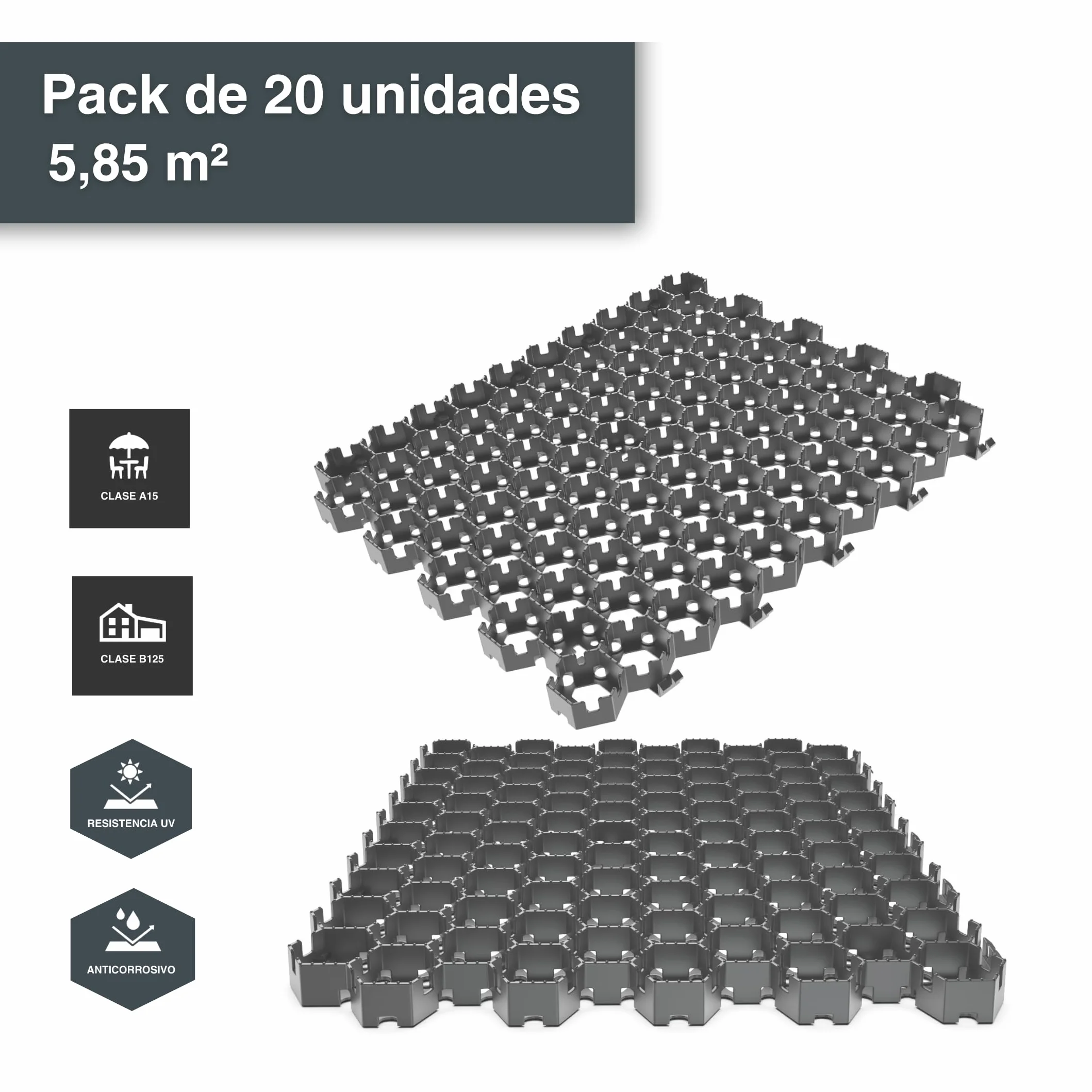 Vodaland HEXpave – Pavimento Permeable-Estabilizador de grava color gris - de 3 cm de Altura – hasta 12,000 kg – Ideal para Patios, Caminos, Bases de Cobertizos, Uso Vehículos Ligeros (pack de 5,85m2)