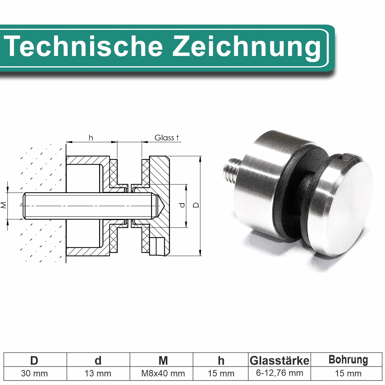 PRIOstahl 8 soportes con tornillo M8 + insertos de goma para cristal de 6 mm a 12,76 mm, conector plano para cristales de plexiglás, balcón, barandilla de acero inoxidable V2A