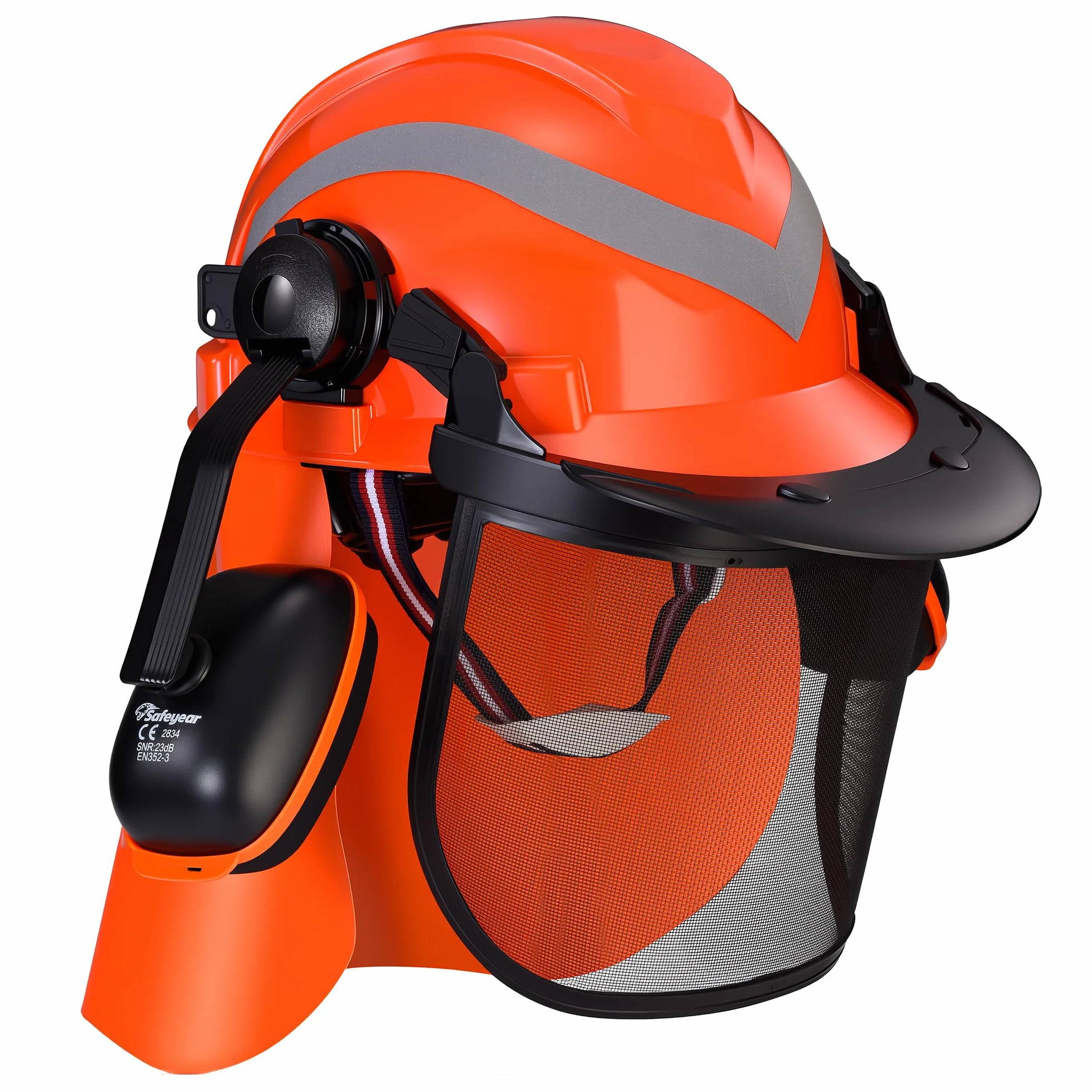 Safeyear Casco Forestal Profesional con Visera y Protección Auditiva, Casco Desbrozadora para Motosierra, Tala, Poda y Jardinería, Casco Seguridad Homologado EN397