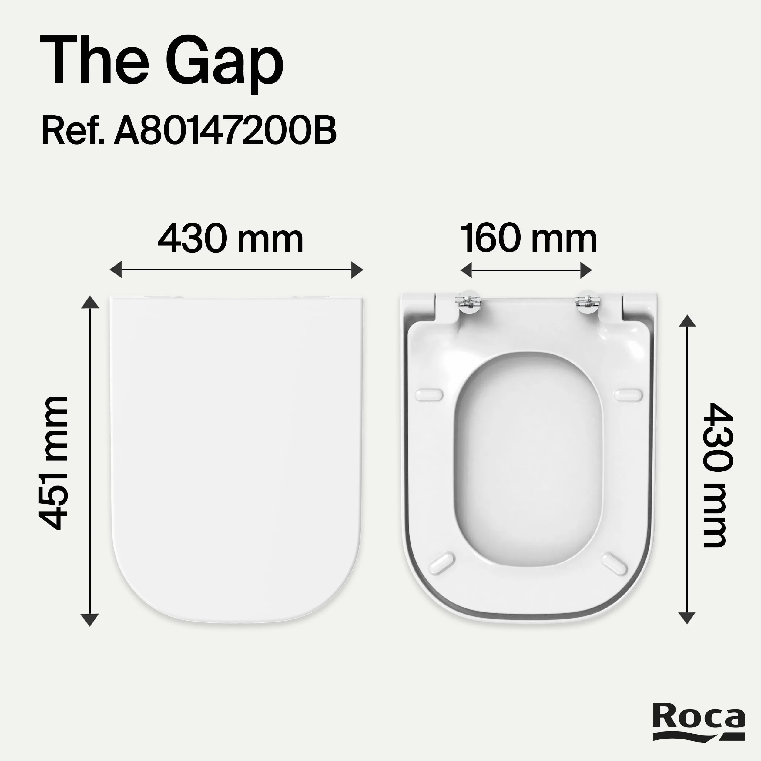 Roca The Gap - Tapa y asiento de Supralit para inodoro de tanque bajo con caída amortiguada, tapadera de WC original con ajuste perfecto, recambio de tapa de váter resistente, blanco, A80147000B