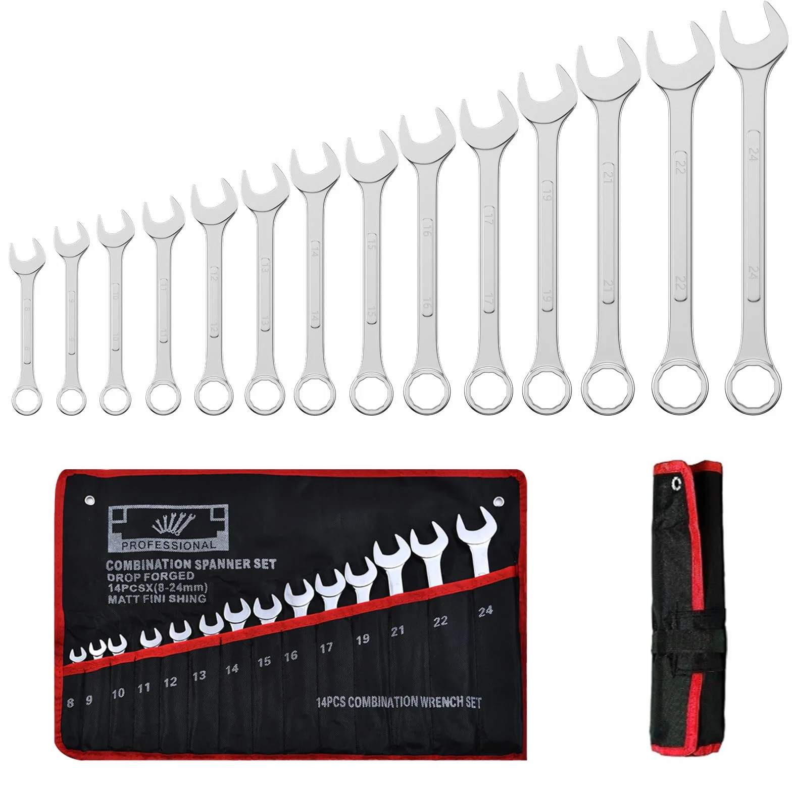 Mesybveo 14 Piezas Juego de Llaves Trinquete Combinadas, 8-24mm Llaves Fijas con Carraca de Acero al Cromovanadio, Llaves Planas de 12 Dientes con Funda Enrollable, para Fijar y Desmontar