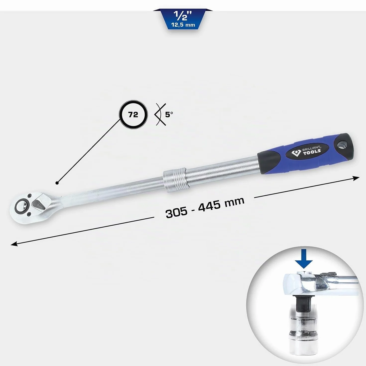BRILLIANT TOOLS BT022992 Carraca reversible telescópica de 1/2" [Powered by KS TOOLS]
