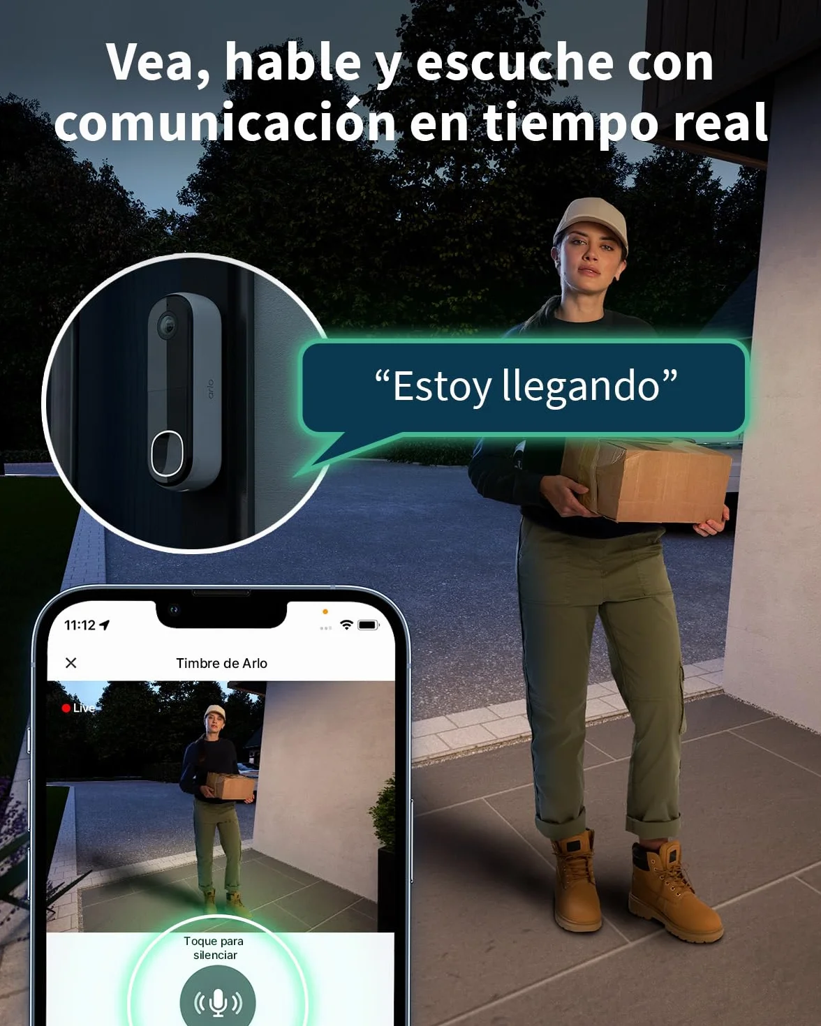 Arlo Essential FHD Videoportero WiFi, Cámara Exterior con Timbre, Detector de Movimiento, Visión Nocturna, Audio Bidireccional, Blanca