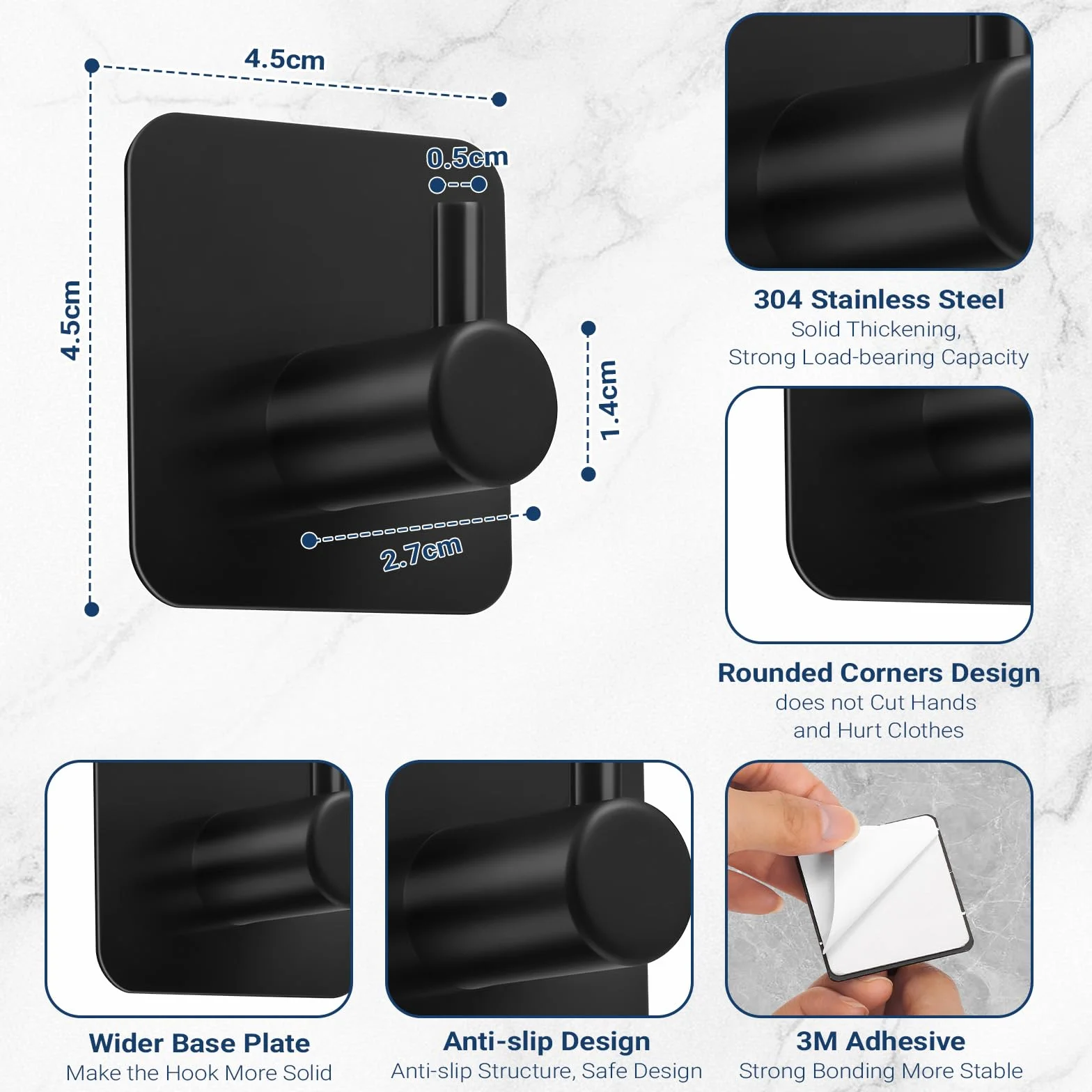 6 Ganchos Adhesivos para Pared Colgadores Adhesivos sin Taladro de Acero Inoxidable 304 con Soporte 10kg Adhesivo 3M Resistente al Agua y óxido para Baño Cocina y Sala Negro 4.5x4.5x2.7cm