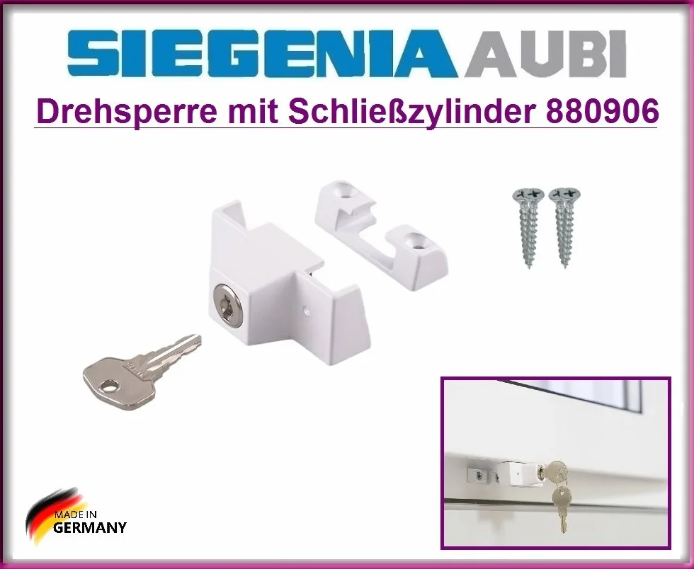SIEGENIA 880906 deriva Ranura para con cilindro de cierre, cierre, seguridad Ventana. Top Calidad cierre de seguridad para la protección de niños para abrir la ventana. con 4 Tornillos.