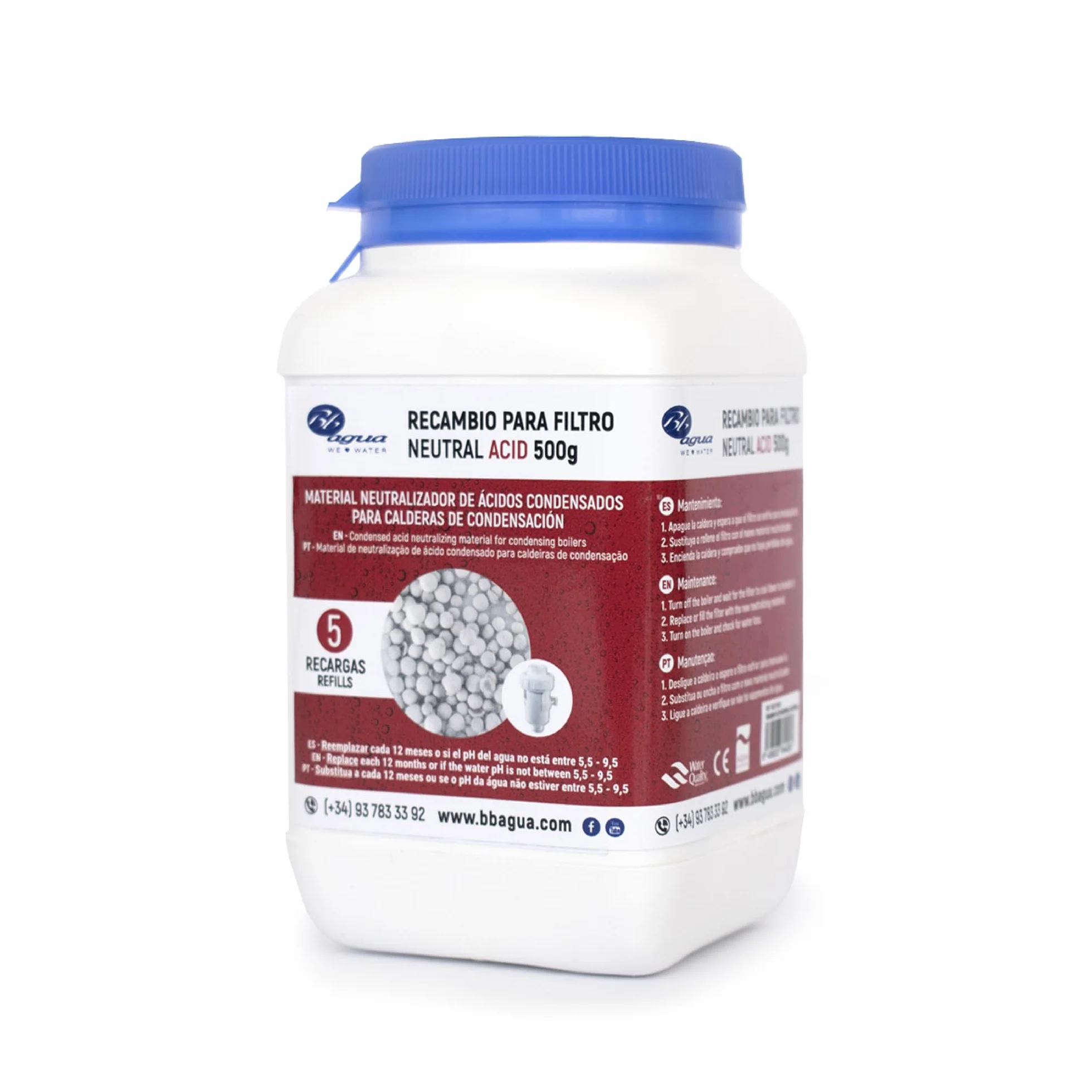 Material Neutralizador de Ácido Condensados para Caldera de Condensación. Recambio para Filtro Neutral Acid de la marca Bbagua. Envase de 500 Gramos. Bbagua.