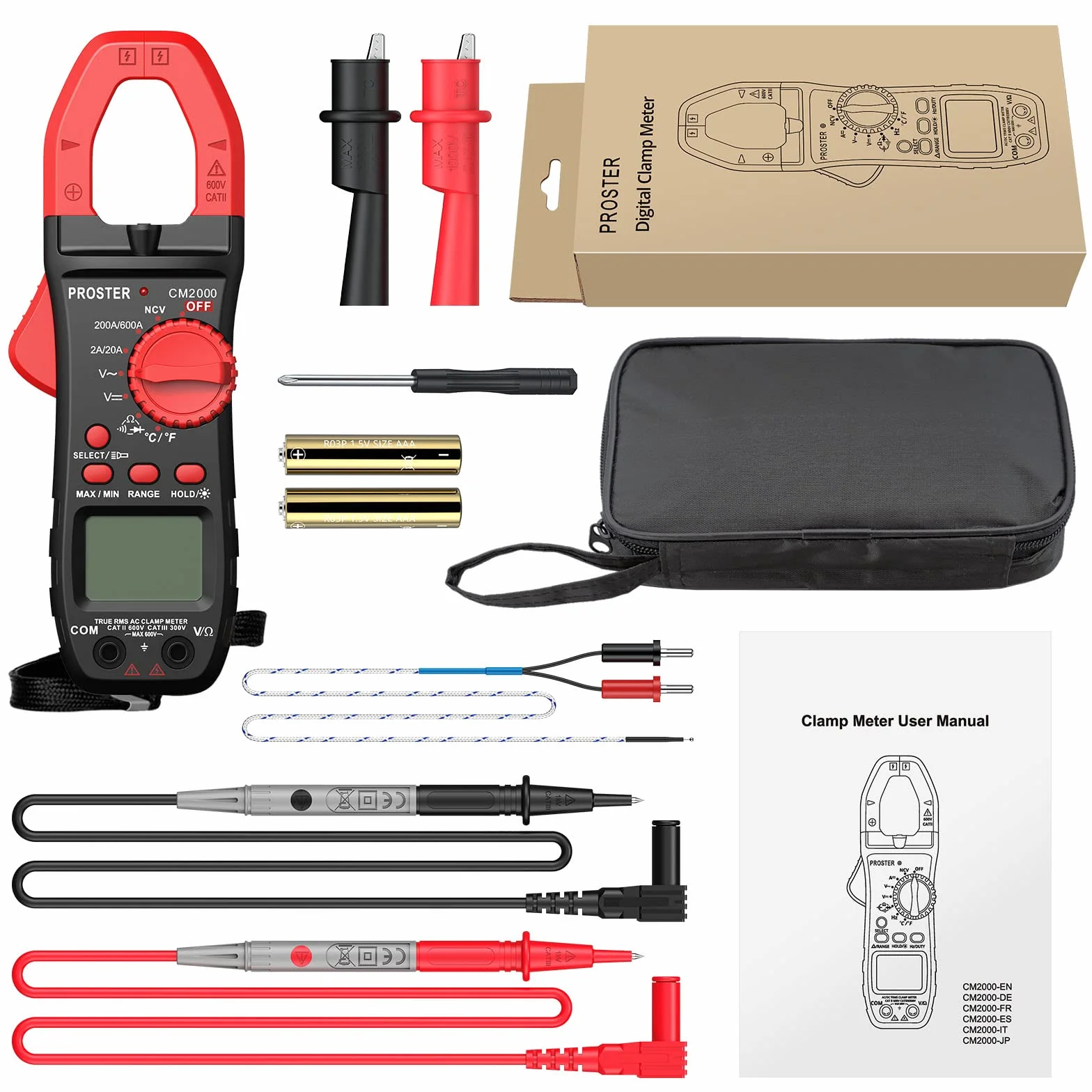 Proster Pinza Amperimétrica 2000 Cuentas 600A TRMS NCV Multímetro Digital Rango Automático con Pantalla Retroiluminada para Voltaje AC DC Corriente AC Diodo Resistencia Continuidad Temperatura