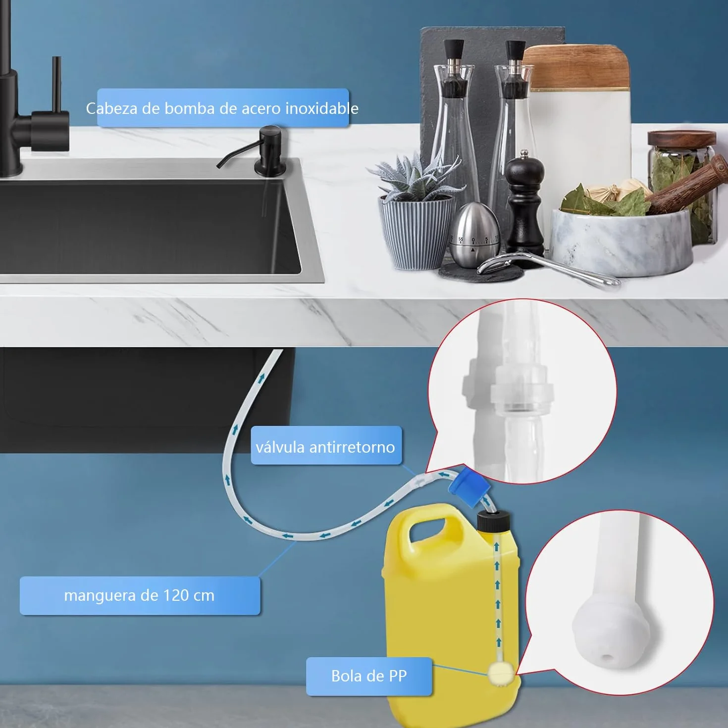 Dispensador de Jabón de Cocina de Acero Inoxidable, Empotrado bajo Encimera, con Tuerca, Plata