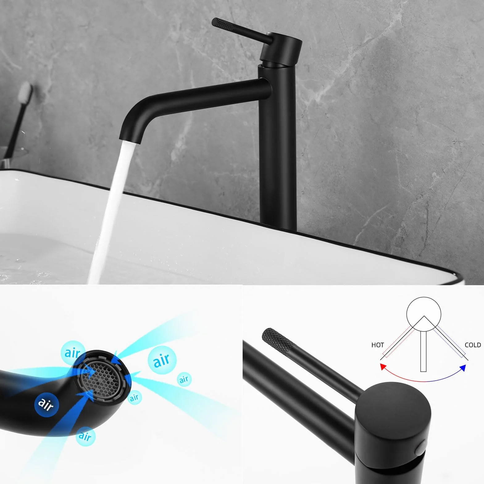 PHASAT Grifo para Lavabo de Baño Negro Alto, Grifo Monomando Lavabo de 304 Acero Inoxidable, Grifo Mezclador de Lavabo PTMP22B