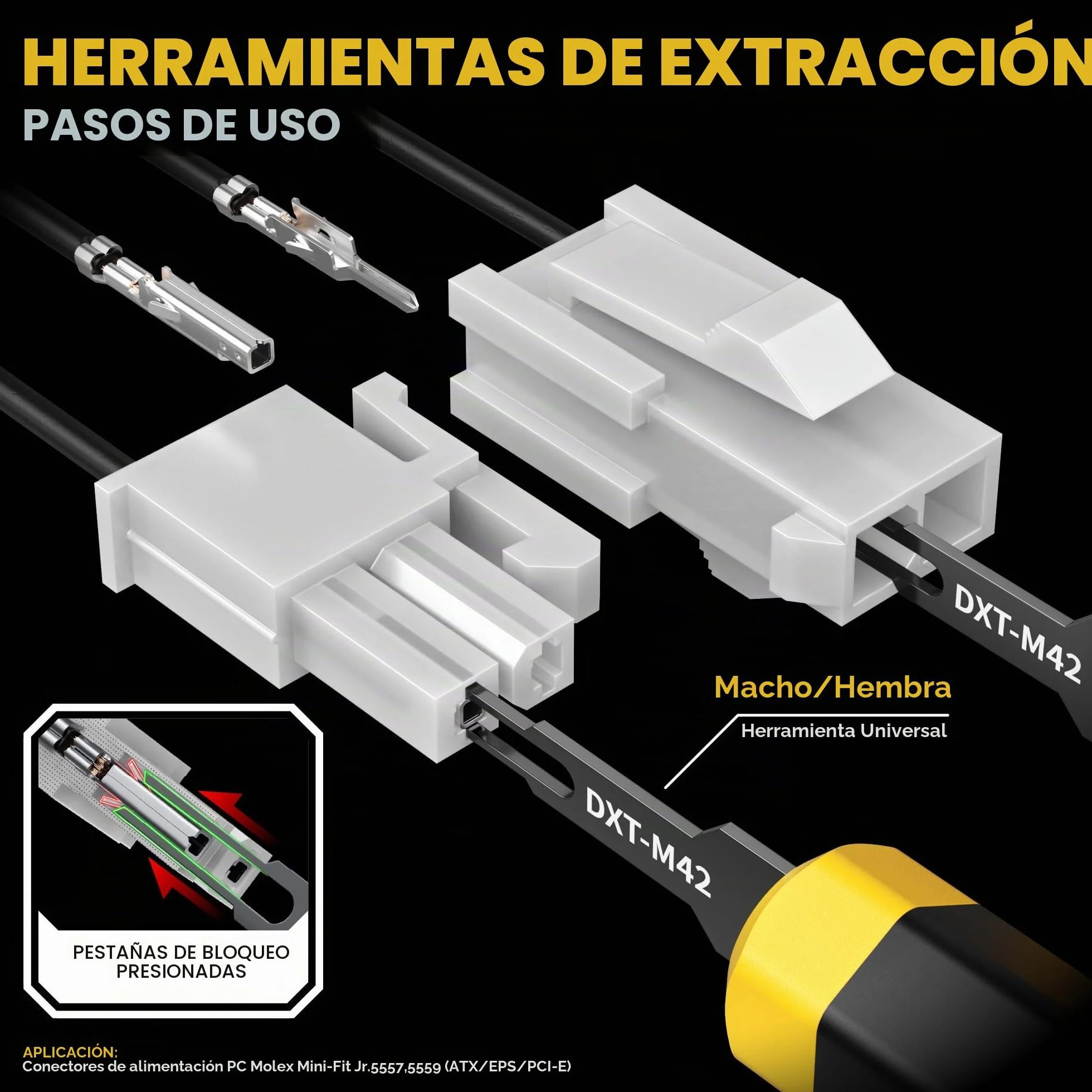 DxCRIMP Kit de Alicates de Terminales Mini-Fit Jr 4,2 mm — Set de Crimpado; Carcasas y Terminales 2–20 pines(26–16 AWG/0,14–1,5 mm²) con Crimpadora de Carraca y Extractor; ATX/EPS/PCIe, fuente modular