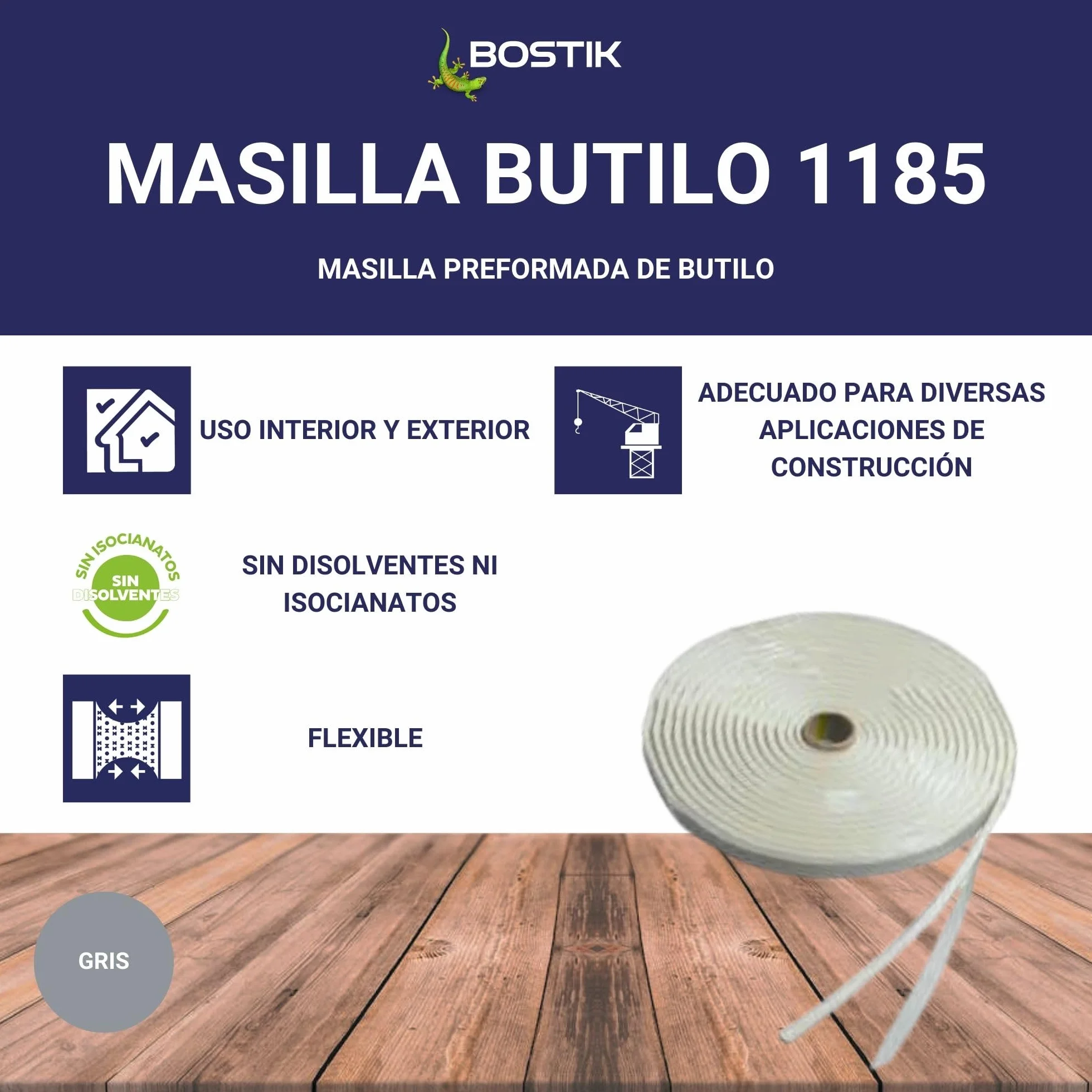 BOSTIK Masilla Butilo 1185 Gris - Masilla Preformada de Butilo, Permanentemente Moldeable, Resistente al Envejecimiento y a Condiciones Atmosféricas, Estable en el Agua, Carrete 25x2 mm (26 m)