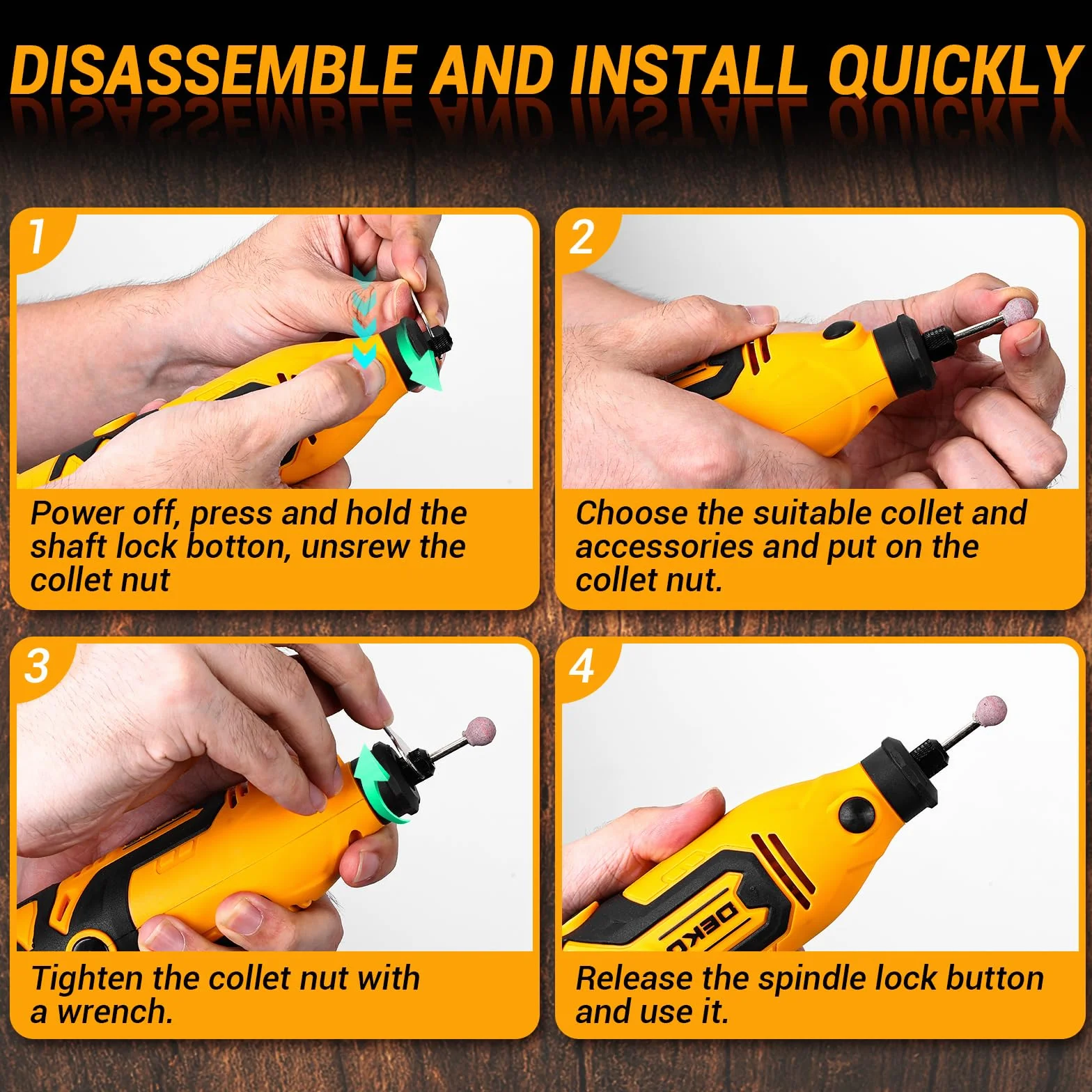 Mini amoladora rotativa multiusos: DEKOPRO 170 W, kit de accesorios 127, velocidad variable 8000-35000 rpm - Herramienta multiusos para cortar, taladrar, pulir, limpiar, Amarillo