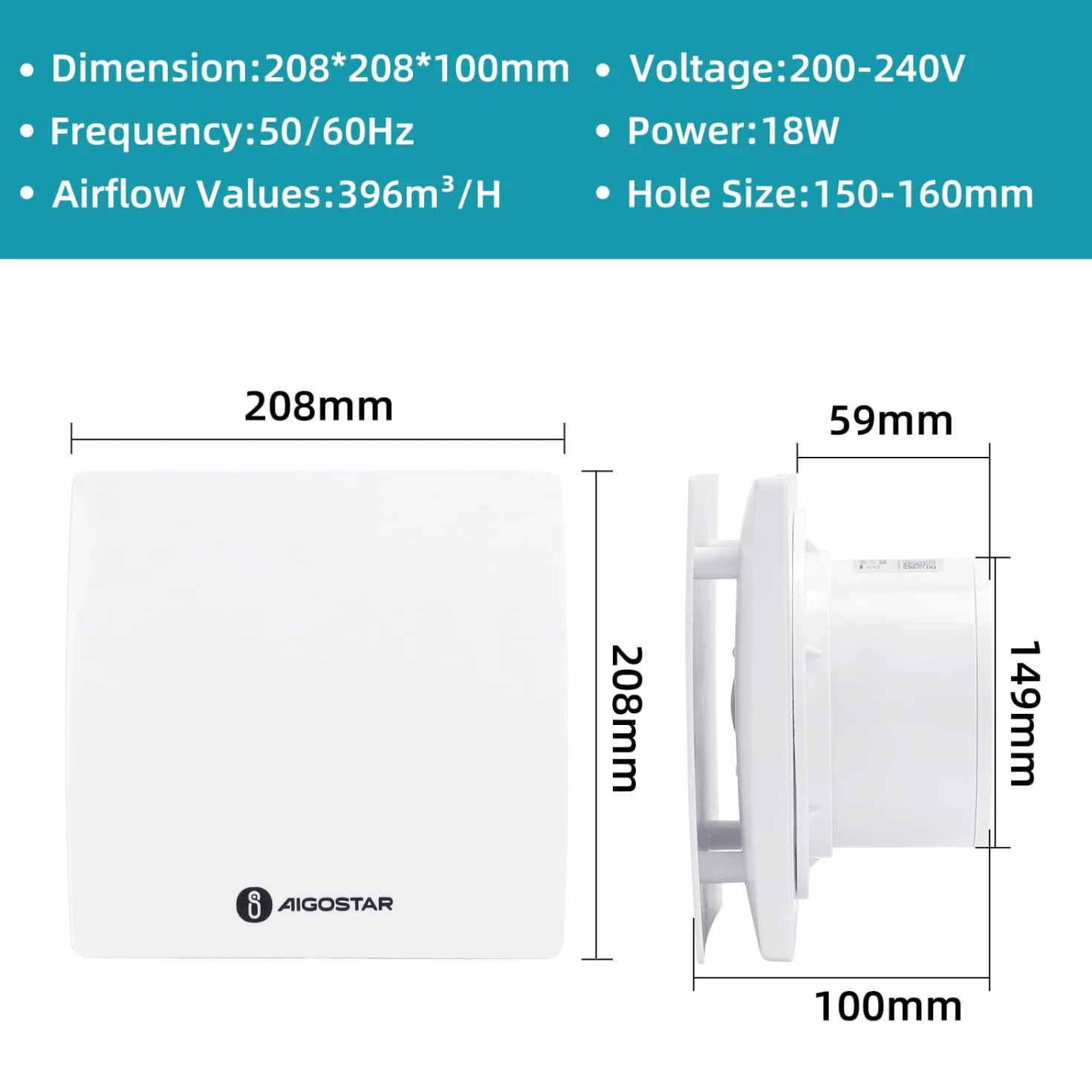 Aigostar Extractor de Baño 150mm, Extractor de Aire Silencioso 18W con Válvula Anti retorno