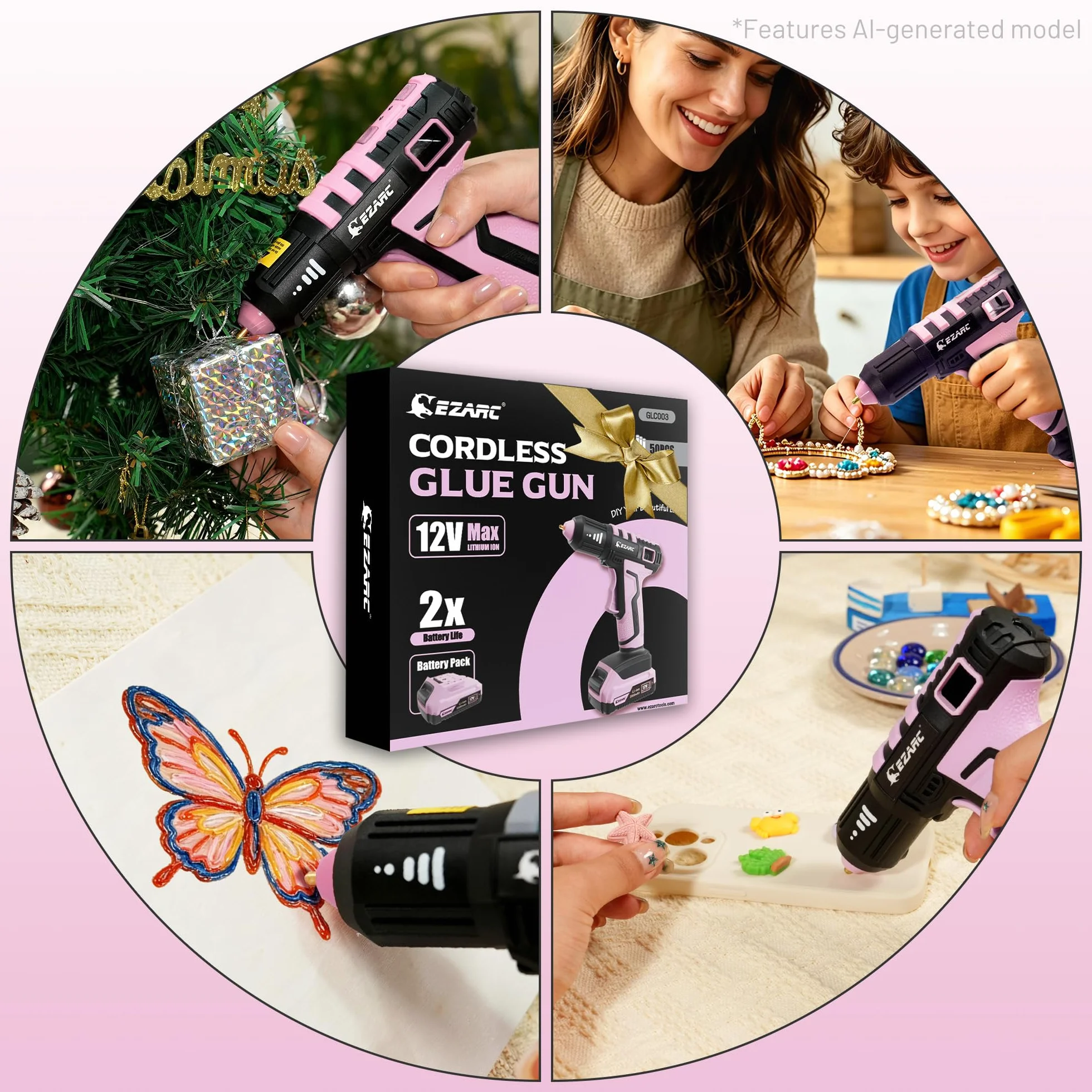 EZARC Pistola de Pegamento Caliente Inalámbrica, Calentamiento Rápido en 15s, 12V Pistola de Pegamento Mini para DIY, Reparaciones Caseras, Proyectos Escolares, Decoraciones, con 50 Barras Mini, Rosa