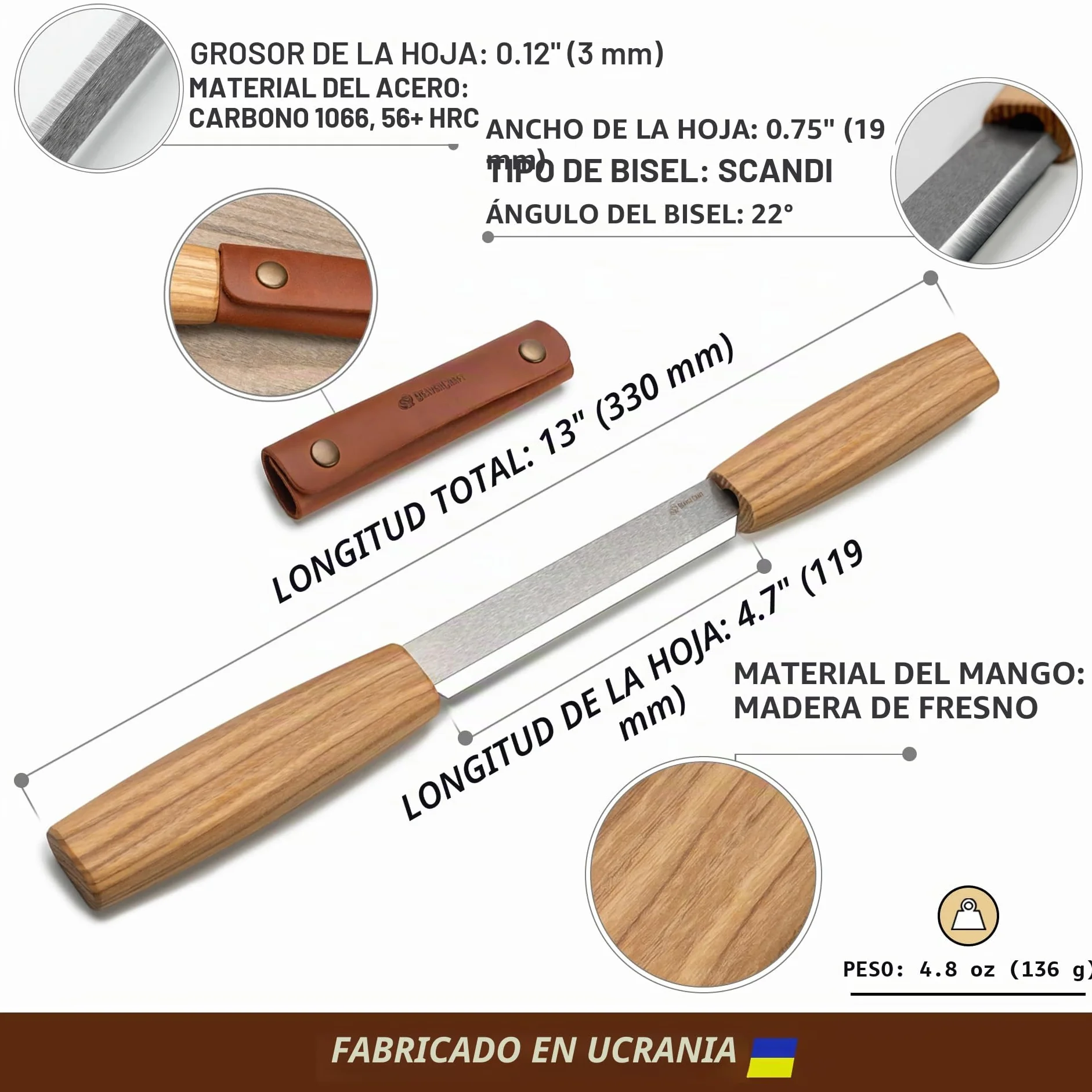 BeaverCraft Cuchilla de Talla DK2s 4.3" con Funda de Cuero – Herramienta de Carpintería para Dar Forma y Detalles, Talla de Cucharas y Madera
