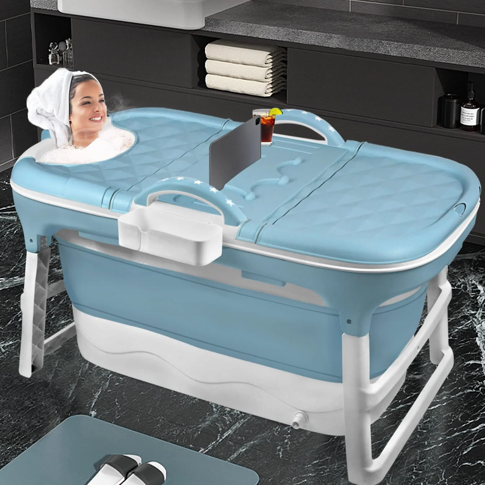 HENGMEI Bañera plegable para adultos, 112 x 62 x 52 cm, bañera portátil con cubierta, rodillos de masaje y bandeja para bañera, azul y verde