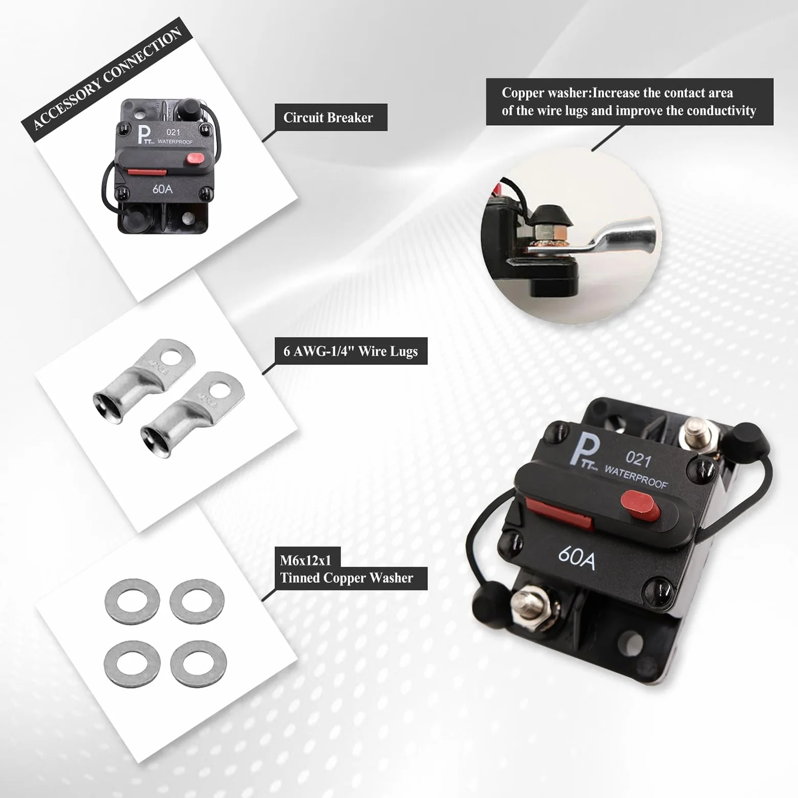 Disyuntor 60A 12–48V DC impermeable IP67 con LED indicador, desconectador de batería con reinicio manual y pernos 1/4", para coche, camper/RV, barco y sistema solar