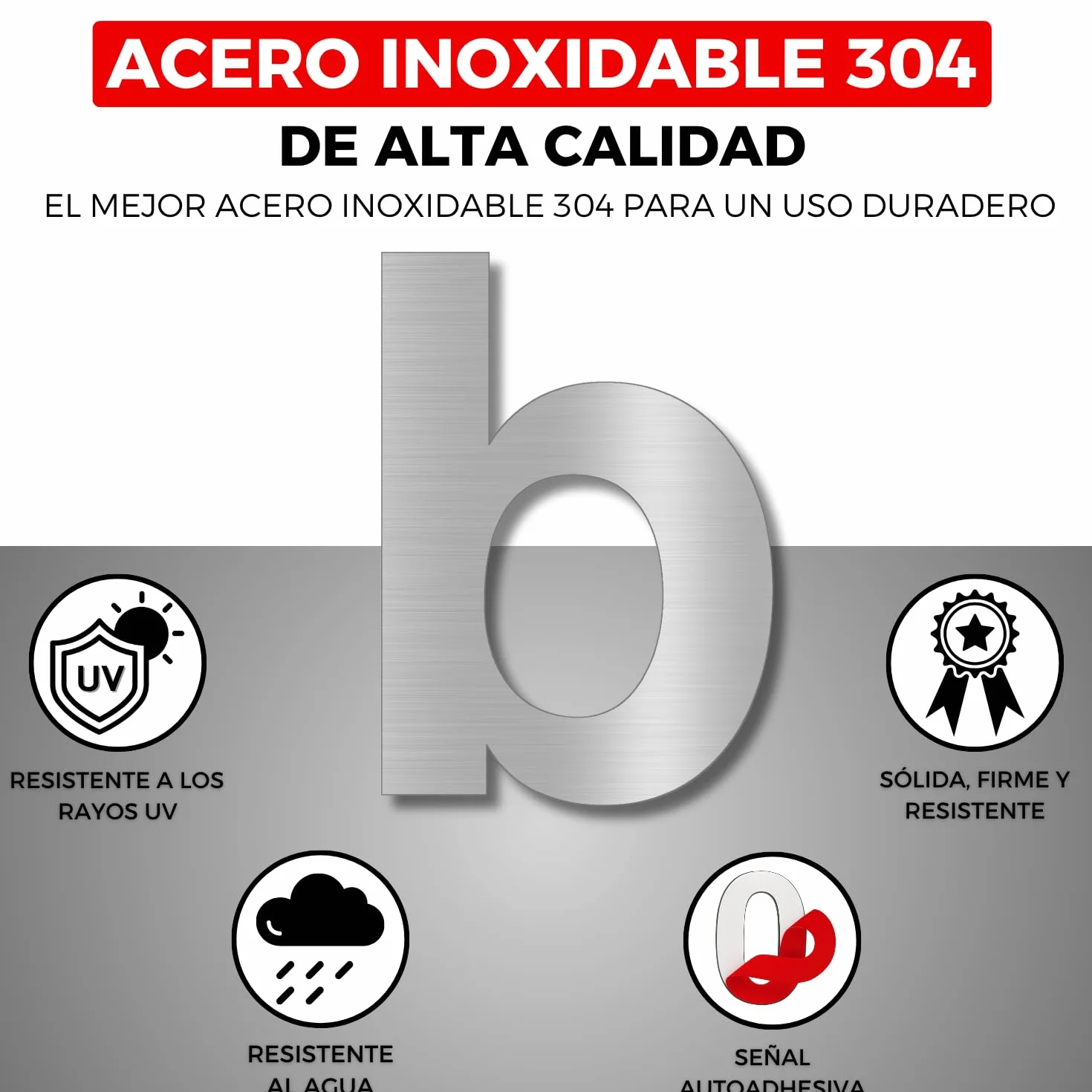 Número Adhesivo - 150 mm - Acero Inoxidable 304 - Nº B - Número Hotel - Enumeración Apartamento Puertas - Número Casa Dirección - Exterior e Interior - Gris B (b, 150mm)